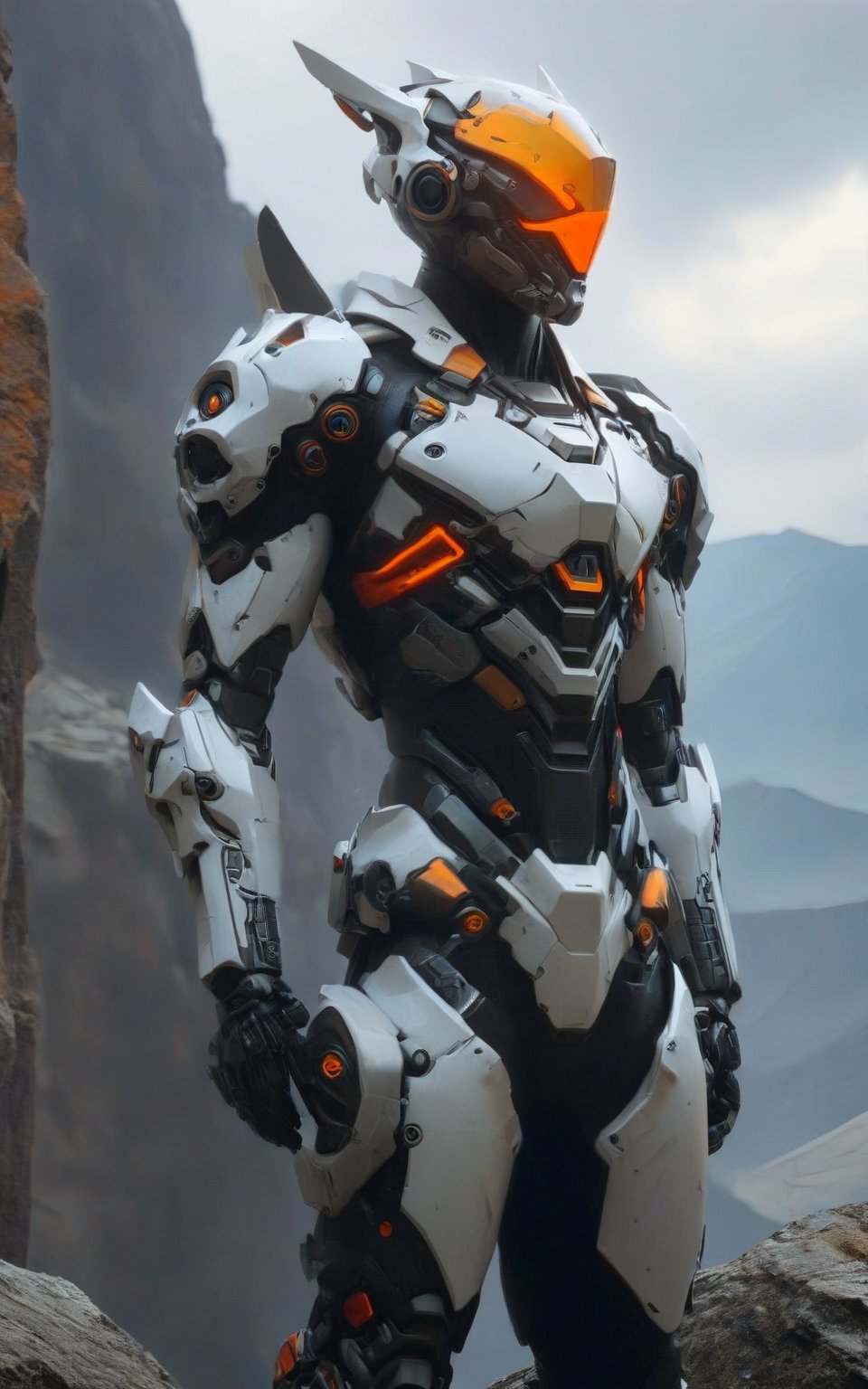 wide full_body view, 1man, The black with dark orange accents Sci Fi cyberpunk techwear high tech genesis vanguard armour suit, Sci Fi cyberpunk high tech techware (helmet like genji overwatch), high tech short horn, standing pose on mountain cliff background, rule of third, studio lighting, ultra detailed, ultra realistic, dramatic, sharp focus, remarkable color, GVA Armour Suit,cyberpunk style,