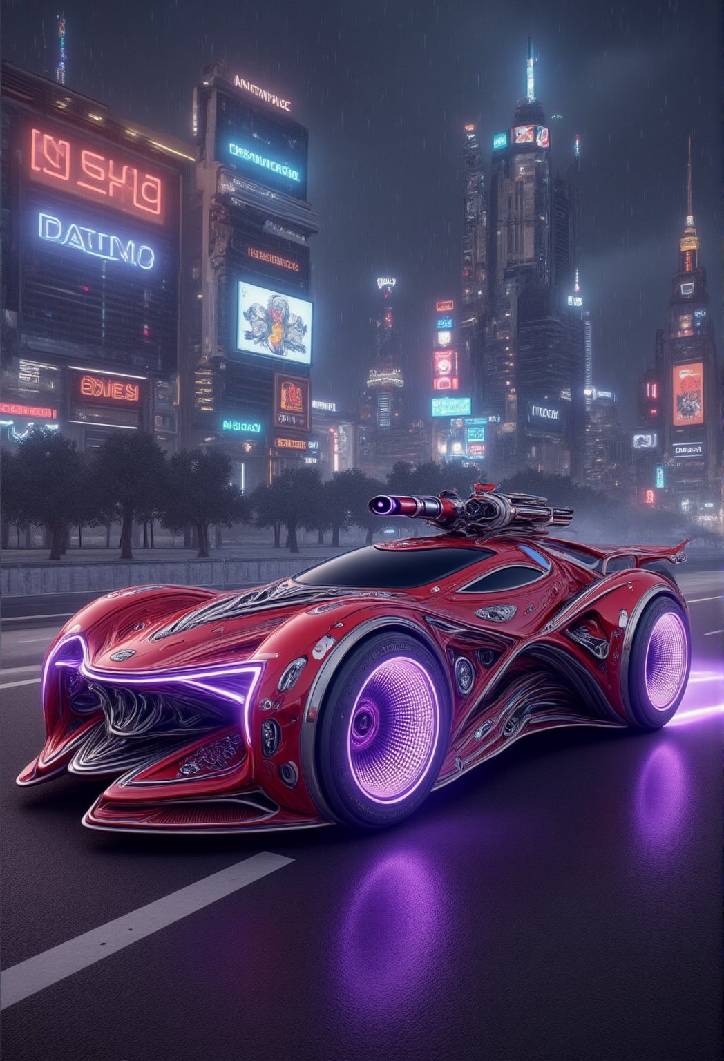 A sleek, red futuristic car with purple neon-lit spoilers and gull-wing doors drifts effortlessly down a dark, rain-soaked city street, its tires screeching as it takes the curve, while towering skyscrapers and holographic advertisements illuminate the cyberpunk landscape.,Hightech Car,FluxBoost