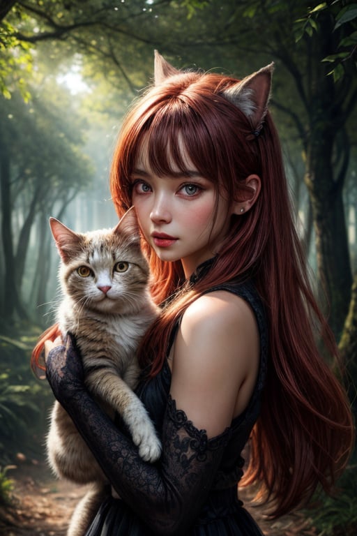 best quality, detailed face, full figure, a half-hybrid girl holding a cat, she has ears like a cat and a tail like a cat, the rest of her body is human, she has beautiful red hair, a beautiful symmetrical face with an innocent cut, she is in the forest, she has beautiful black eyes, she is with other animals, glowing particle,
symmetrical, vibrant, style artwork, highly detailed CG, 8k wallpaper, beautiful face, full scene, full body shape, high_res,