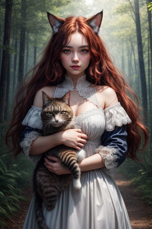 best quality, detailed face, full figure, a half-hybrid girl holding a cat, she has ears like a cat and a tail like a cat, the rest of her body is human, she has beautiful red hair, a beautiful symmetrical face with an innocent cut, she is in the forest, she has beautiful black eyes, she is with other animals, glowing particle,
symmetrical, vibrant, style artwork, highly detailed CG, 8k wallpaper, beautiful face, full scene, full body shape, high_res, blue and white dress,