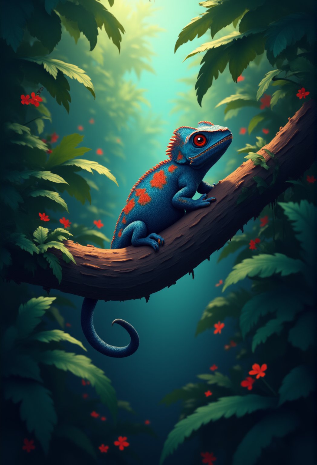 A close-up of a chameleon blending into a leafy branch in a dense jungle. cartoonish 3D painting