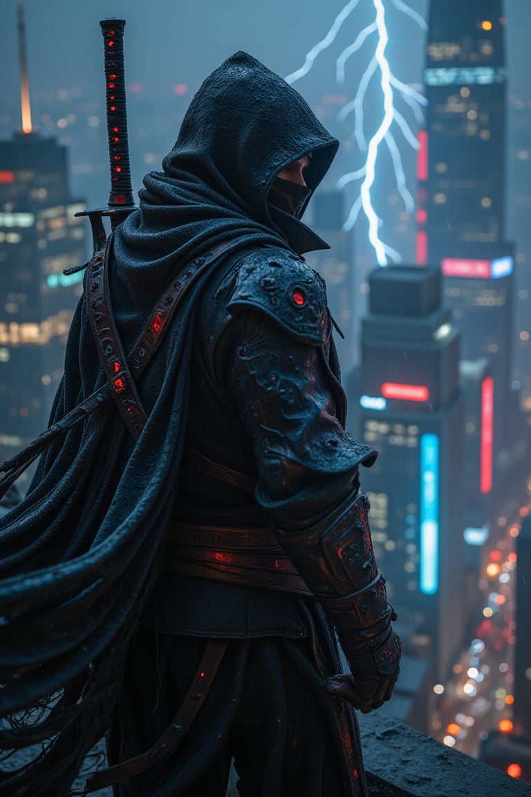 A cloaked assassin stands atop a neon-lit skyscraper, overlooking a futuristic city bathed in rain. Water droplets glide down their cloak and mask, capturing the ambient light from below. The assassin's gloved hand rests on a katana, the reflection of distant lightning illuminating their poised figure.