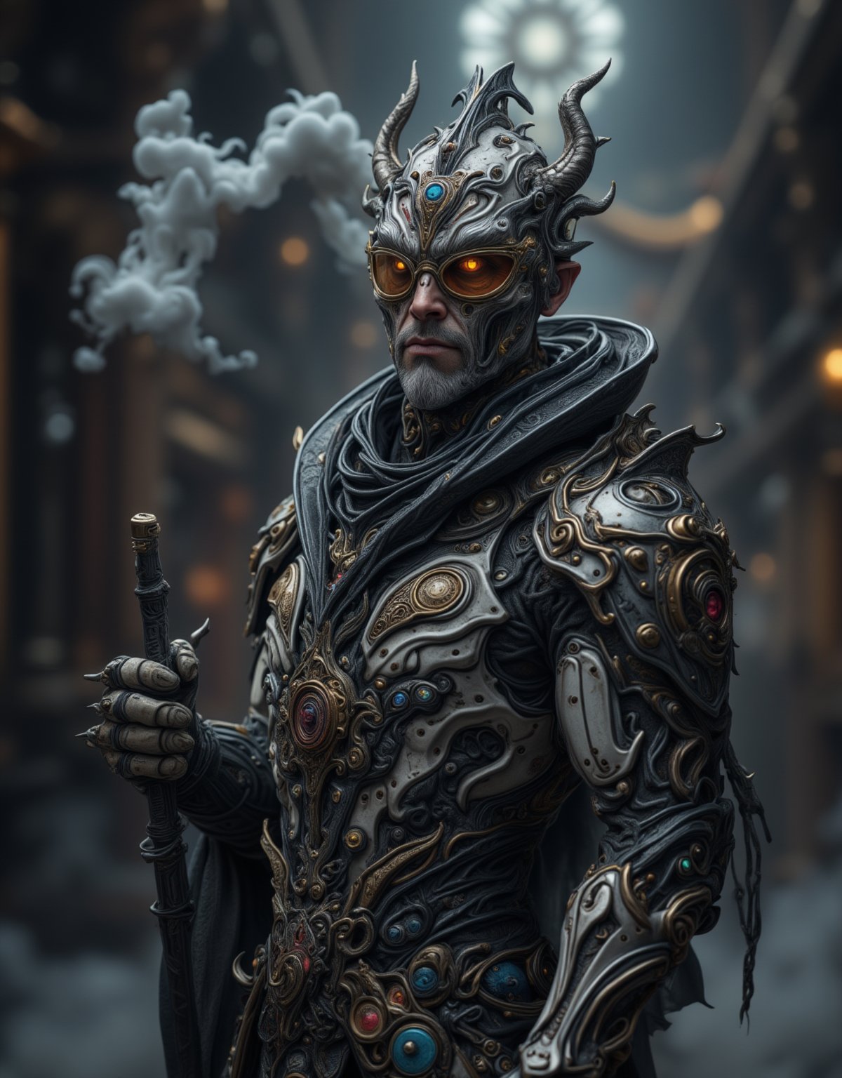 A mysterious, bespectacled alchemist stands amidst a swirling vortex of steam and smoke, eyes aglow with an otherworldly intensity. His long coat power armour is adorned with brass buttons and intricate copper filigree, as he holding a demonic-looking sword with a dark, eye gemstone-encrusted hilt. The air is thick with the scent of sulfur and oil, as gears and clockwork mechanisms whir to life in the background.