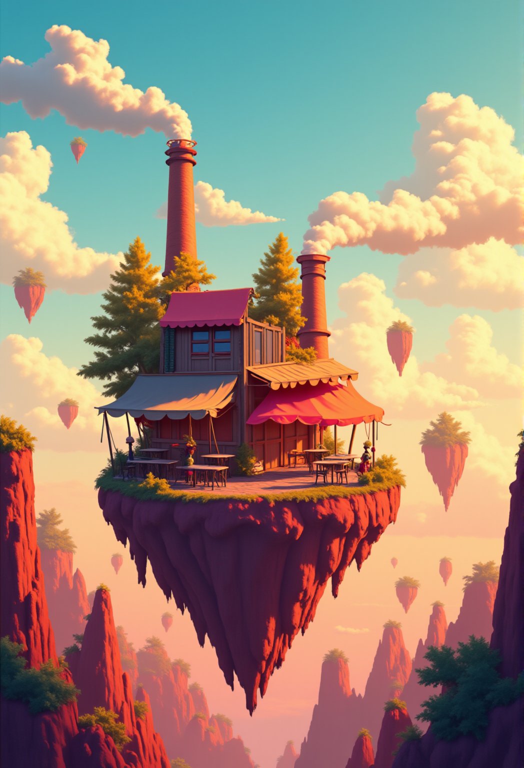 A cozy café perched on a floating island in the sky, The café has a round shape with an oversized chimney puffing out soft clouds, and the tables outside have colorful umbrellas. Floating islands of various sizes surround the café, with each having small plants and trees growing from them. The sky is painted with warm sunset hues, blending soft pastels with a painterly touch, giving the scene a dreamy and whimsical atmosphere.cartoonish 3D painting