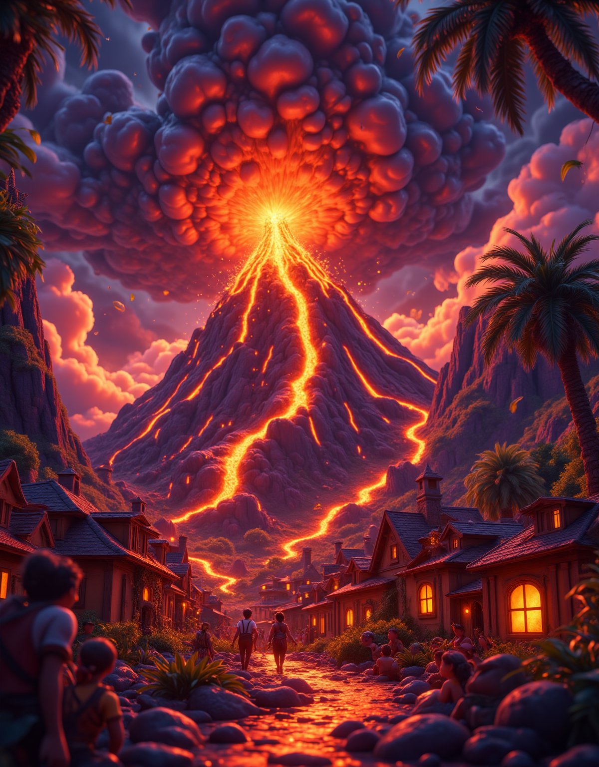 A vibrant Cartoon art style ilustration of a small village at the base of a massive volcano erupts, sending lava and ash into the sky. The villagers scramble to escape as the ground shakes violently. The camera zooms in on the molten rock as it flows down the mountainside, setting everything in its path ablaze. In the background, the full scale of the eruption unfolds, with ash clouds darkening the sky.