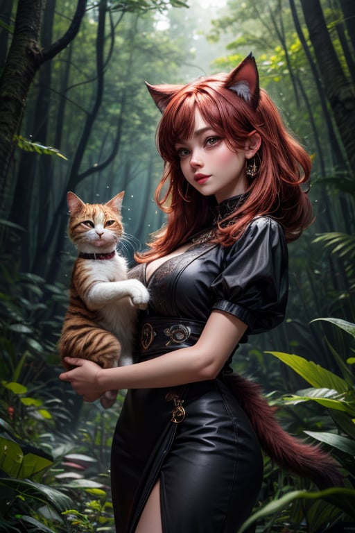 best quality, detailed face, full figure, a half-hybrid girl holding a cat, she has ears like a cat and a tail like a cat, the rest of her body is human, she has beautiful red hair, a beautiful symmetrical face with an innocent cut, she is in the forest, she has beautiful black eyes, wearing a elegant black long dress, she is with other animals, glowing particle,
symmetrical, vibrant, style artwork, highly detailed CG, 8k wallpaper, beautiful face, full scene, full body shape