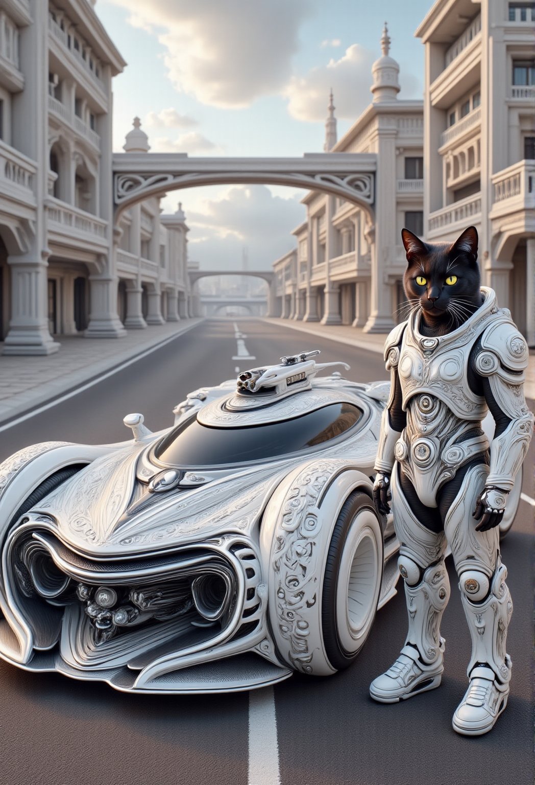 antrophomorphic black cat wear a otherworldly white hard porcelain armour suit, standing beside a futuristic black and silver frame high-tech armour car with intricate pattern. setting on road in middle of otherworldly hard porcelain bronze city