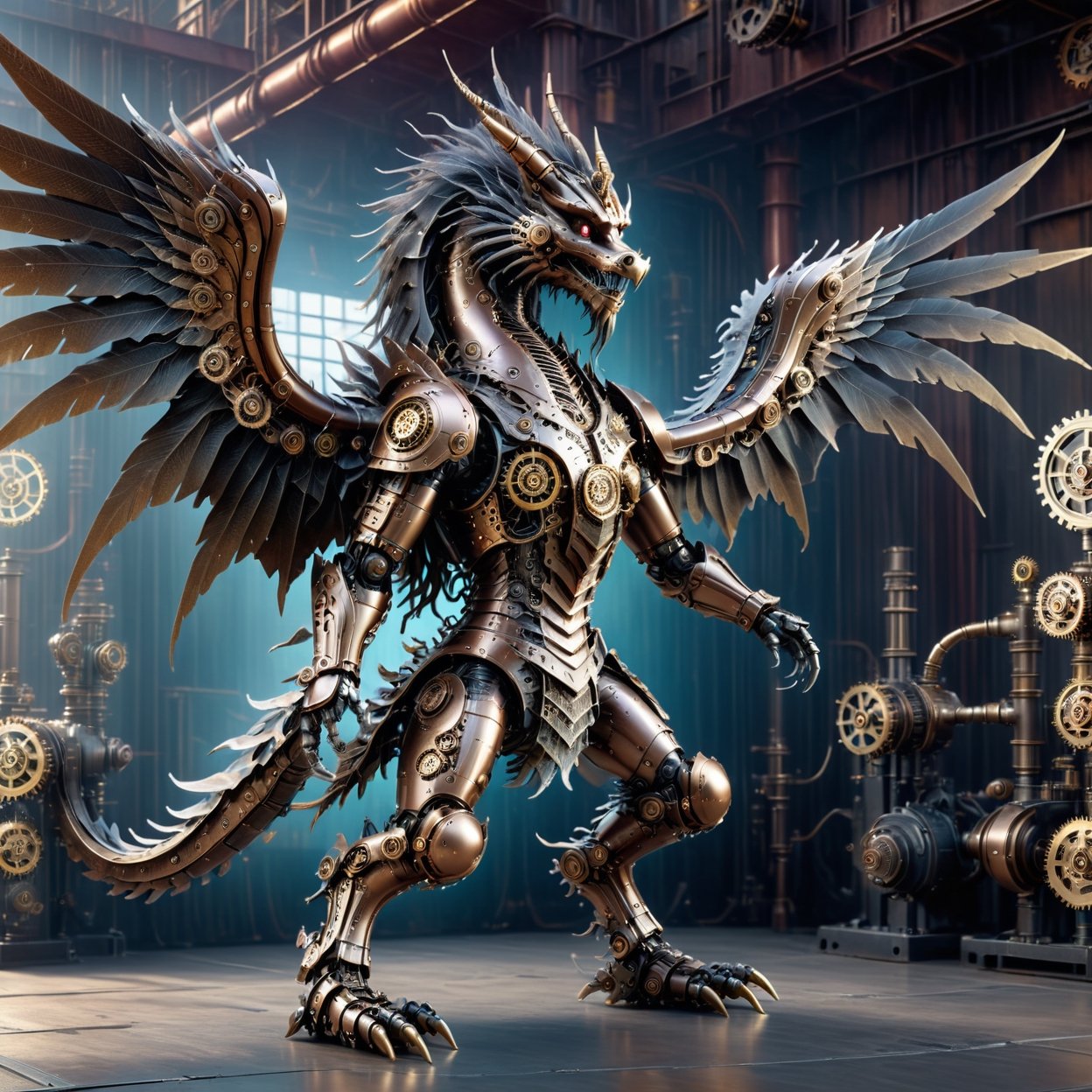 solo, steampunk bronze Chinese dragon robot have pair of wings, steampunk gear accesories, gears, gauge, at steampunk factory background, highly detailed, high quality, hyper realistic, with dramatic polarizing filter, sharp focus, HDR, UHD, 64K, remarkable color, ultra realistic, cyberpunk style, steampunk style, AbmSTPD