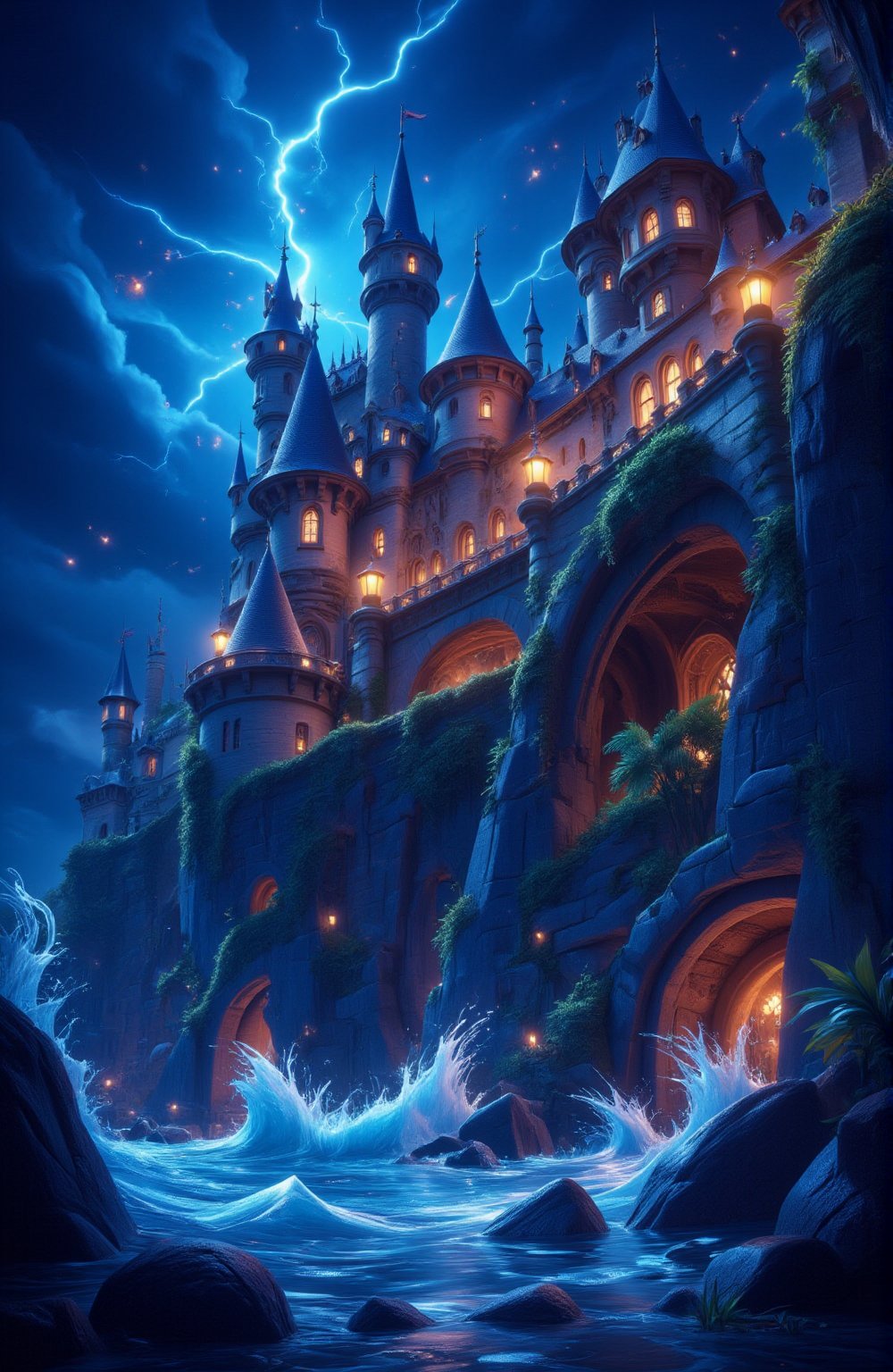 3d vibrant cartoon art Illustrate An ancient castle perched on a rocky cliff, overlooking a stormy ocean, with crashing waves and lightning illuminating the scene in a dark, atmospheric setting.