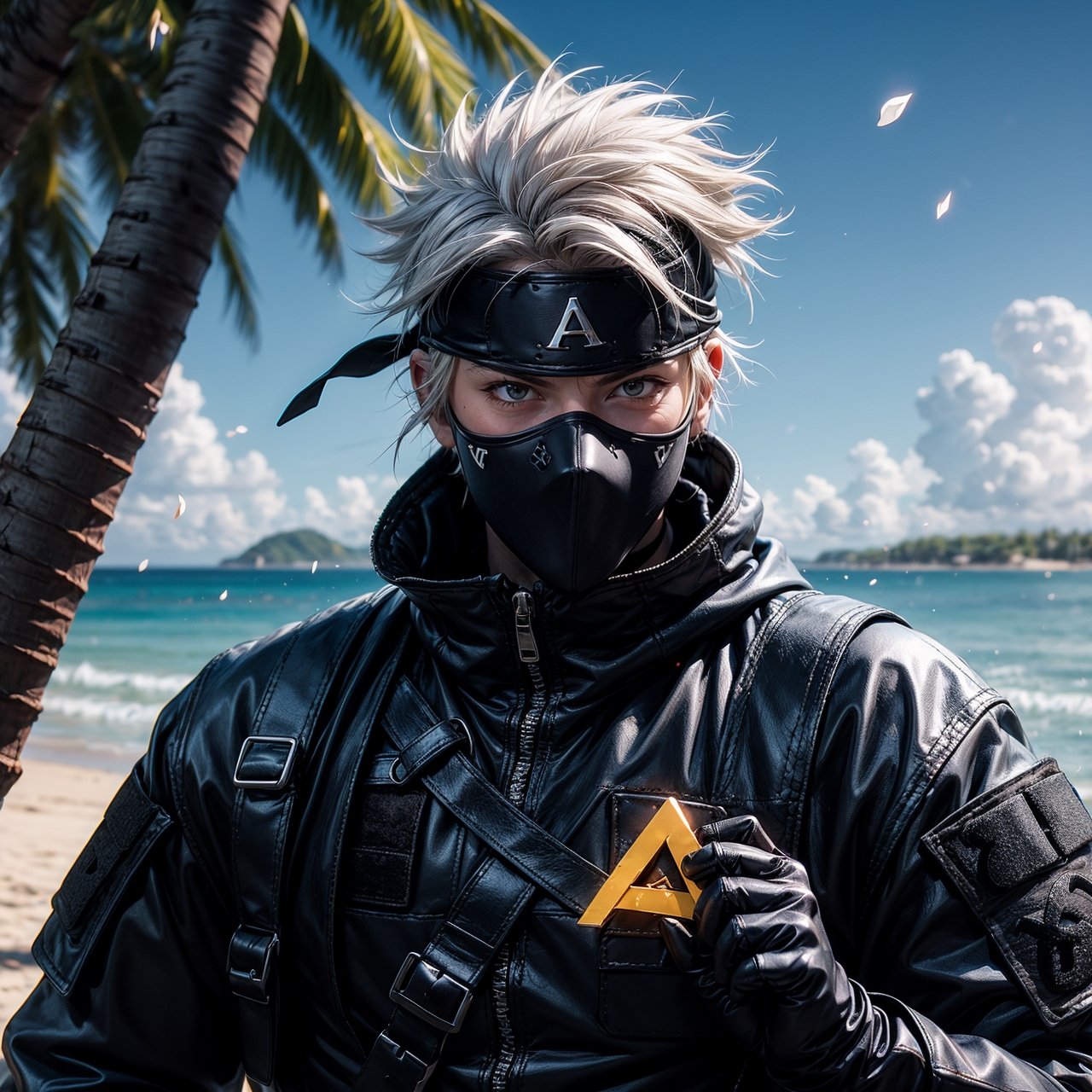 (masterpiece), 1man, spiky hair, white hair, wearing bodyfit tactical ninja flak jacket, leather tactical ninja full mouth mask, leather gloves, and his (((tactical headband with a letter ("A") symbol))), scenery, (at beach background), flying flowers petals, sparkle, Kakashi Hatake