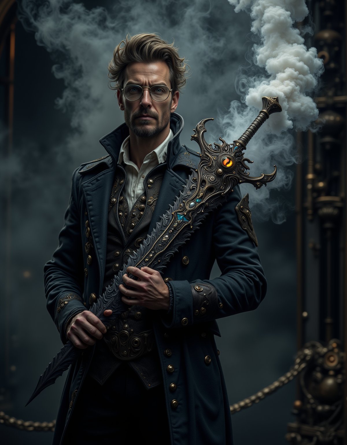 A mysterious, bespectacled alchemist stands amidst a swirling vortex of steam and smoke, eyes aglow with an otherworldly intensity. His long coat is adorned with brass buttons and intricate copper filigree, as he grasps a demonic-looking sword with a dark, eye gemstone-encrusted hilt. The air is thick with the scent of sulfur and oil, as gears and clockwork mechanisms whir to life in the background.