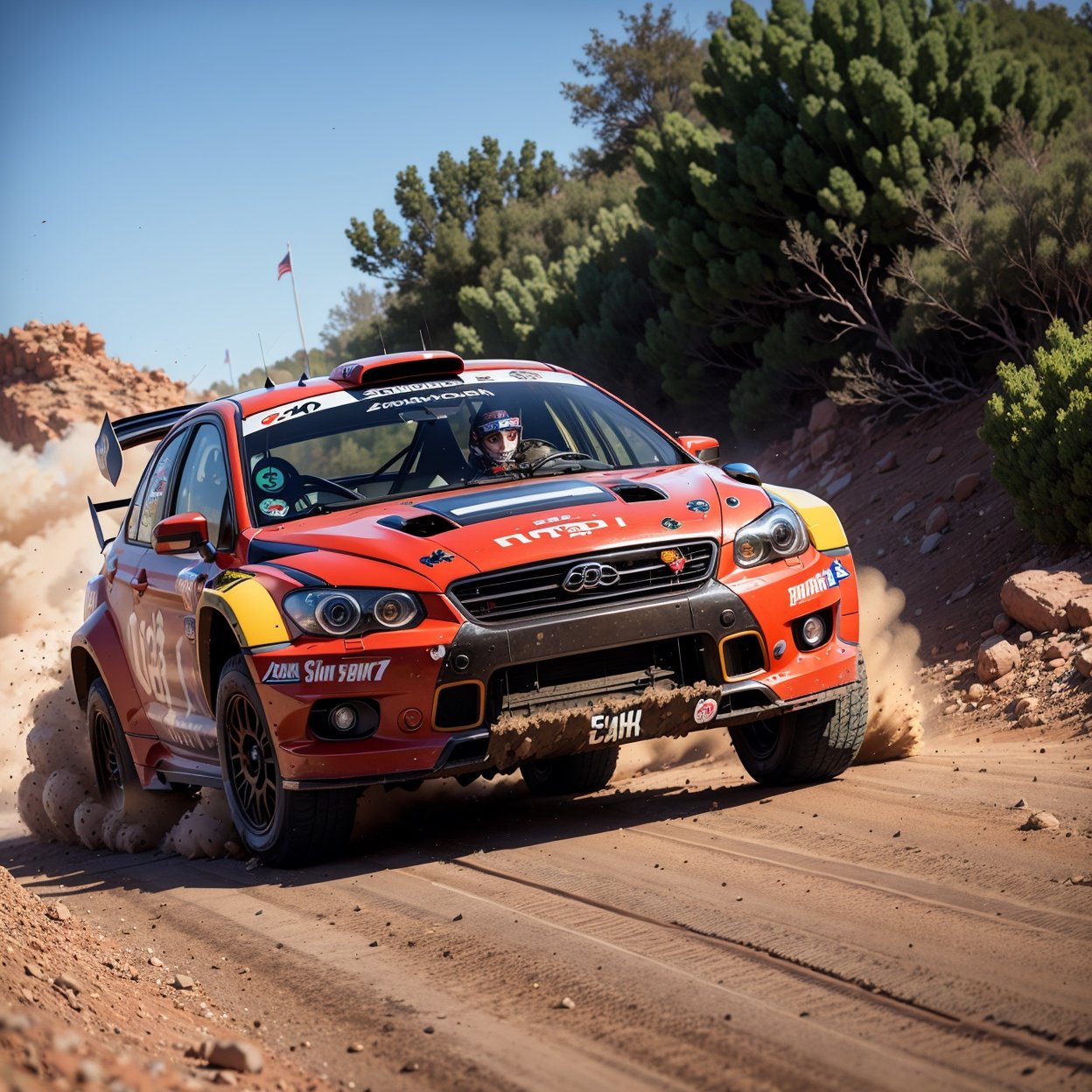 image of the rally car drifting on rough terrain, scatter dust came from tyre, taken from a ground angle view.,hijabsteampunk