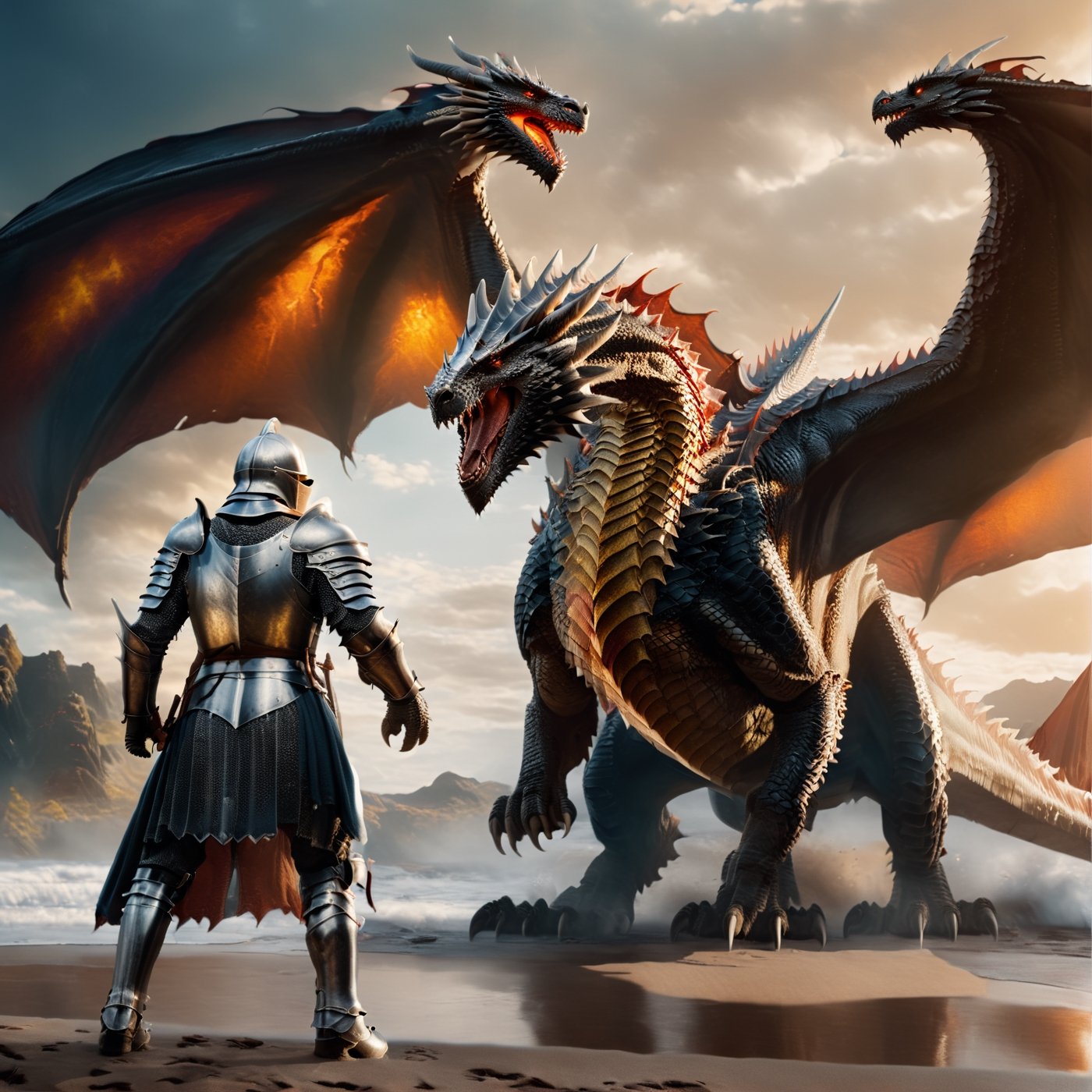 (((full_body portrait shot))), Photo of a knight and dragon, Hyper-detailled, 32k, Super High definition, Vibrant Colors, Soft focus, Ultra Smooth,Soft natural look, Full shot, photorealistic, realism, film still, cinematic shot, dreamwave, aesthetic, action_pose,Movie Still,photo r3al,knight&dragon