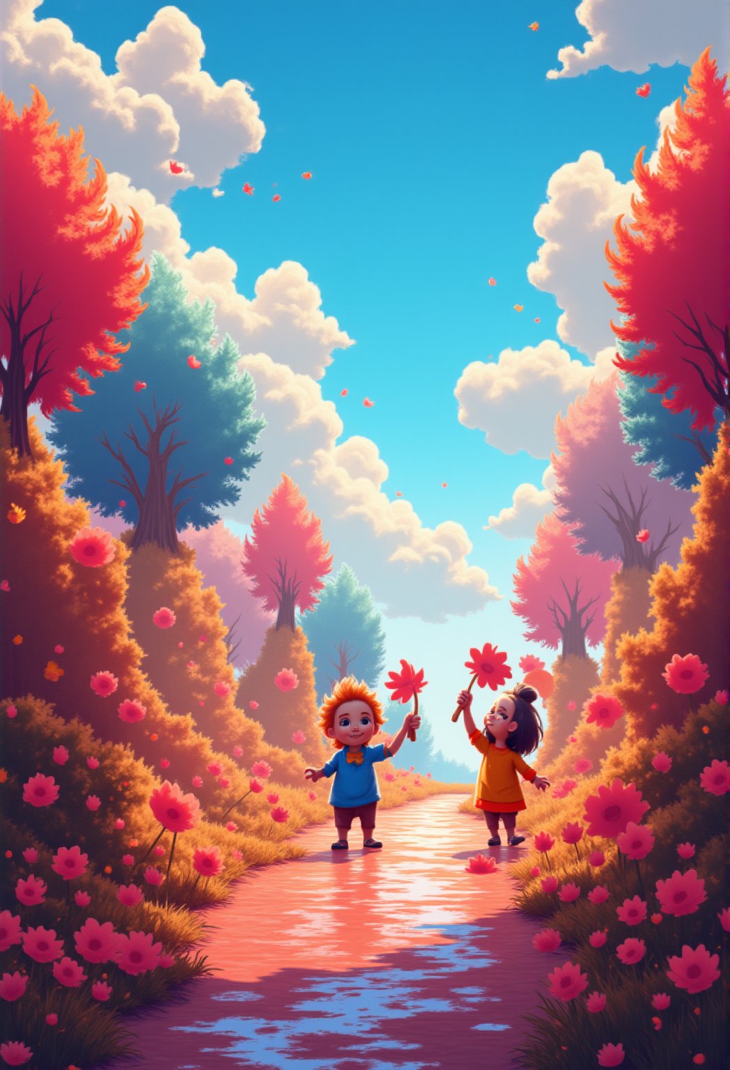 A vibrant scene of a candy-filled world where rivers flow with chocolate and trees have lollipops for leaves. Cartoon characters like a cheerful gingerbread person and a cotton candy bunny are playing under a rainbow. The background is filled with sugar-coated hills, and the sky is dotted with floating marshmallow clouds. cartoonish 3D painting