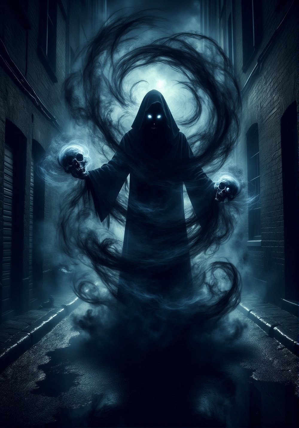 A dark alleyway at midnight, a lone figure shrouded in shadows, eyes aglow with an otherworldly intensity as they conjure forth a swirling vortex of darkness. The sorcerer's robes billow behind them like smoke, as if fueled by the very essence of night itself. Shadowy tendrils writhe and twist, taking form as skeletal constructs that dance at their command, while the air thickens with an aura of foreboding, as if the night itself has become a tangible entity., DarkAura