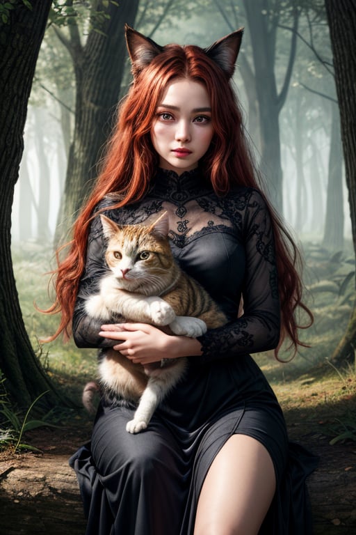 best quality, detailed face, full figure, a half-hybrid girl holding a cat, she has ears like a cat and a tail like a cat, the rest of her body is human, she has beautiful red hair, a beautiful symmetrical face with an innocent cut, she is in the forest, she has beautiful black eyes, wearing an elegant long dress, she is with other animals, glowing particle,
symmetrical, vibrant, style artwork, highly detailed CG, 8k wallpaper, beautiful face, full scene, full body shape, high_res,