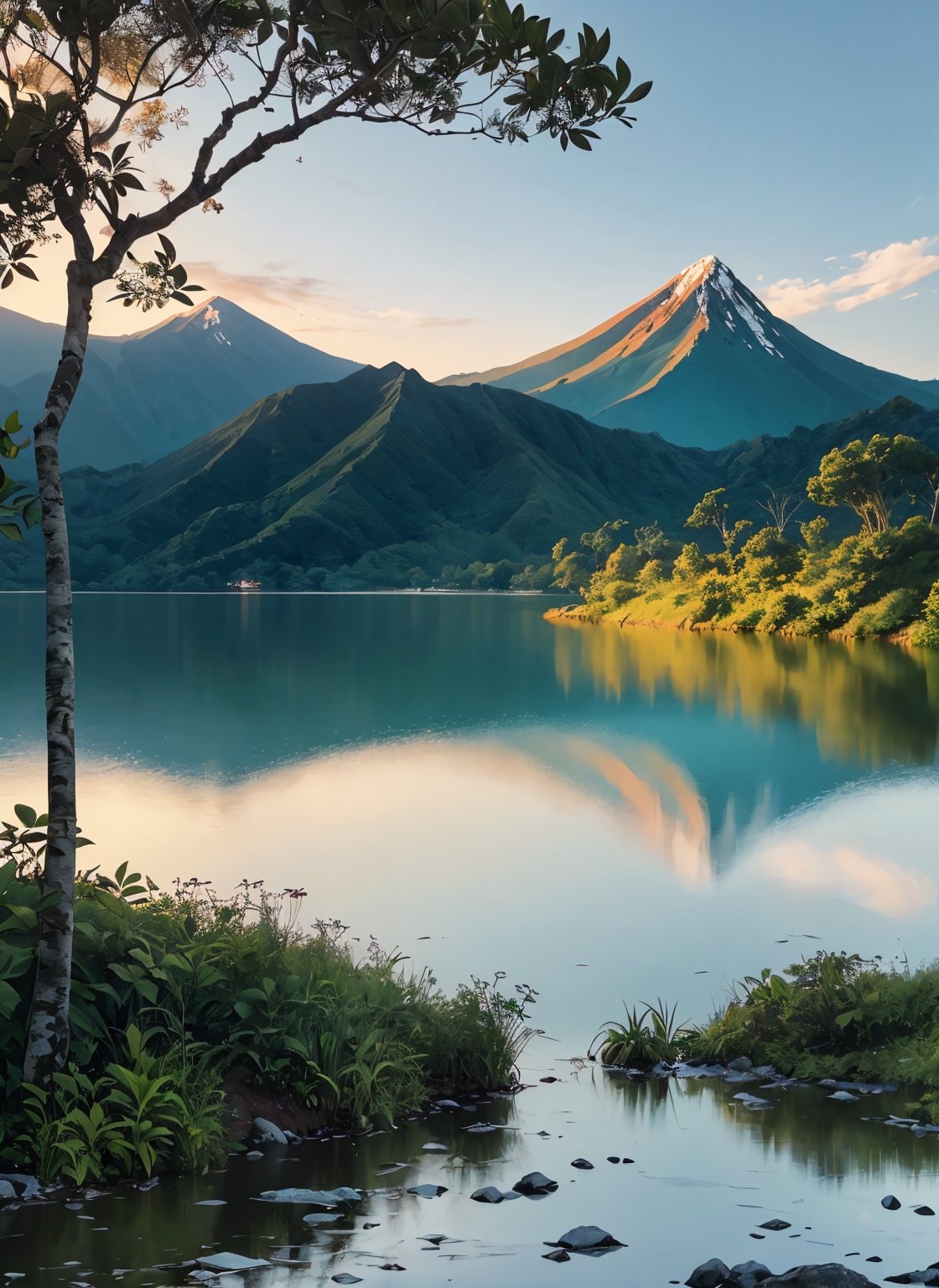 ilustrasi gambar, gunung tersergam indah, tasik yang luas, perkampungan kecil, suasana berangin, gelap, malam, telah definisi yang sangat terperinci, ultra tinggi, resolusi tinggi, (karya agung),