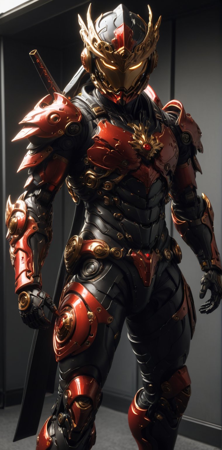 a ultimate ninja wearing advanced Nanosuit exoskeleton, advanced CryFibril, high tech techware design elements, black and red Sci Fi high tech techware helmet like genji overwatch, high tech short horn, black and red hard porcelien plating, in the style of mamoru nagano + noriyoshi ohrai + frank frazetta, standing, rule of third, studio lighting, ultra detailed, ultra realistic, dramatic, sharp focus, HDR, remarkable color, intricate detailed, (((full_body))), 
,bl1ndm5k,Nanosuit exoskeleton