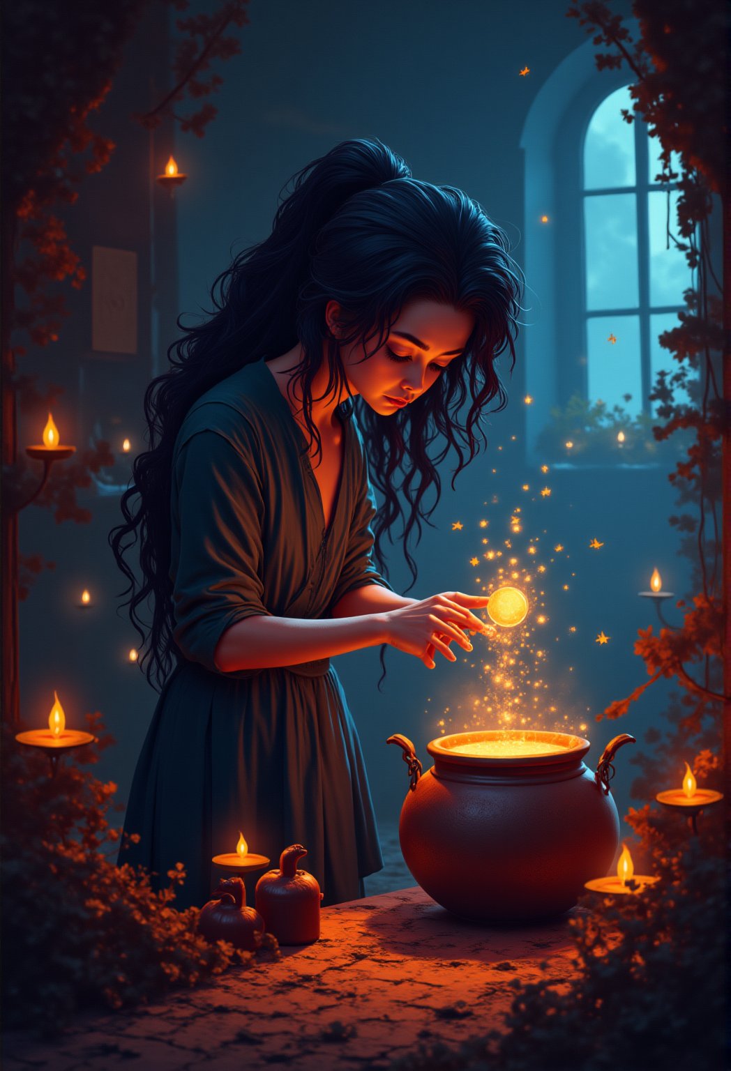 A mystical sorceress, her raven tresses tangled with glittering starlight and crescent moon fragments, bends over an ancient cauldron as steam swirls around her. A delicate crystal orb suspended above the bubbling brew casts an ethereal glow on her enigmatic face, illuminated by flickering candlelight within a dimly lit apothecary.cartoonish 3D painting