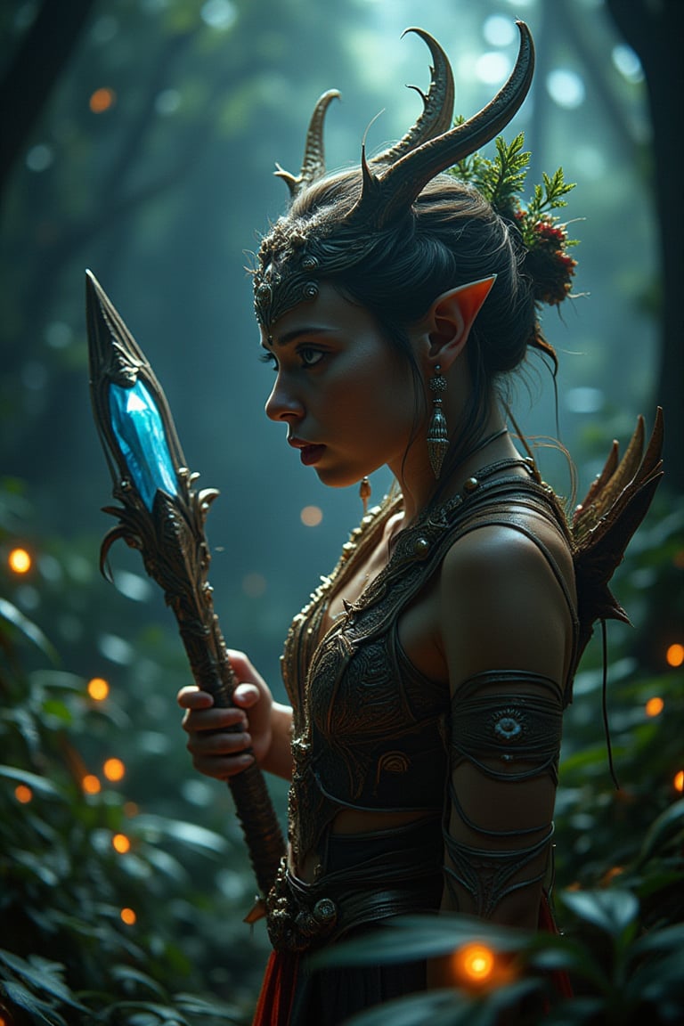 In a cinematic close-up, a breathtaking elf archer is framed at a low angle amidst the lush, dark depths of a tropical jungle. Glowing flowers and plants surround her, as she holds a stunning, 1.5-meter long crystal bow with vibrant, glass-like colors. Her face, a masterpiece of beauty and perfection, is rendered in ultra-realistic detail, with sharp focus and crisp textures. The background, equally detailed, features a high-contrast jungle landscape with nothing out of focus, no blur, and complete clarity. A majestic crystal sword rests by her side, as the entire scene exudes an epic fantasy art style, radiating fantasy vibes and touches.