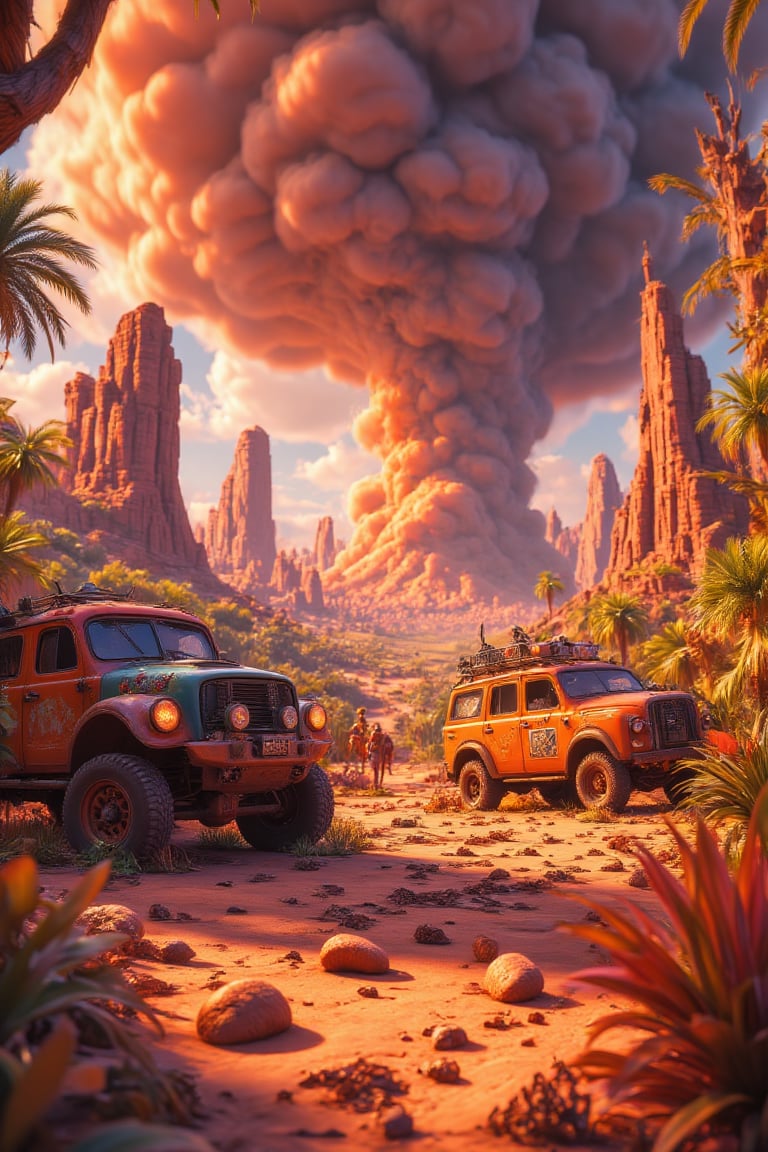 3d vibrant cartoon art Illustrate A post-apocalyptic desert landscape, with rusted vehicles half-buried in the sand, a massive sandstorm approaching in the distance, and survivors scavenging for supplies.