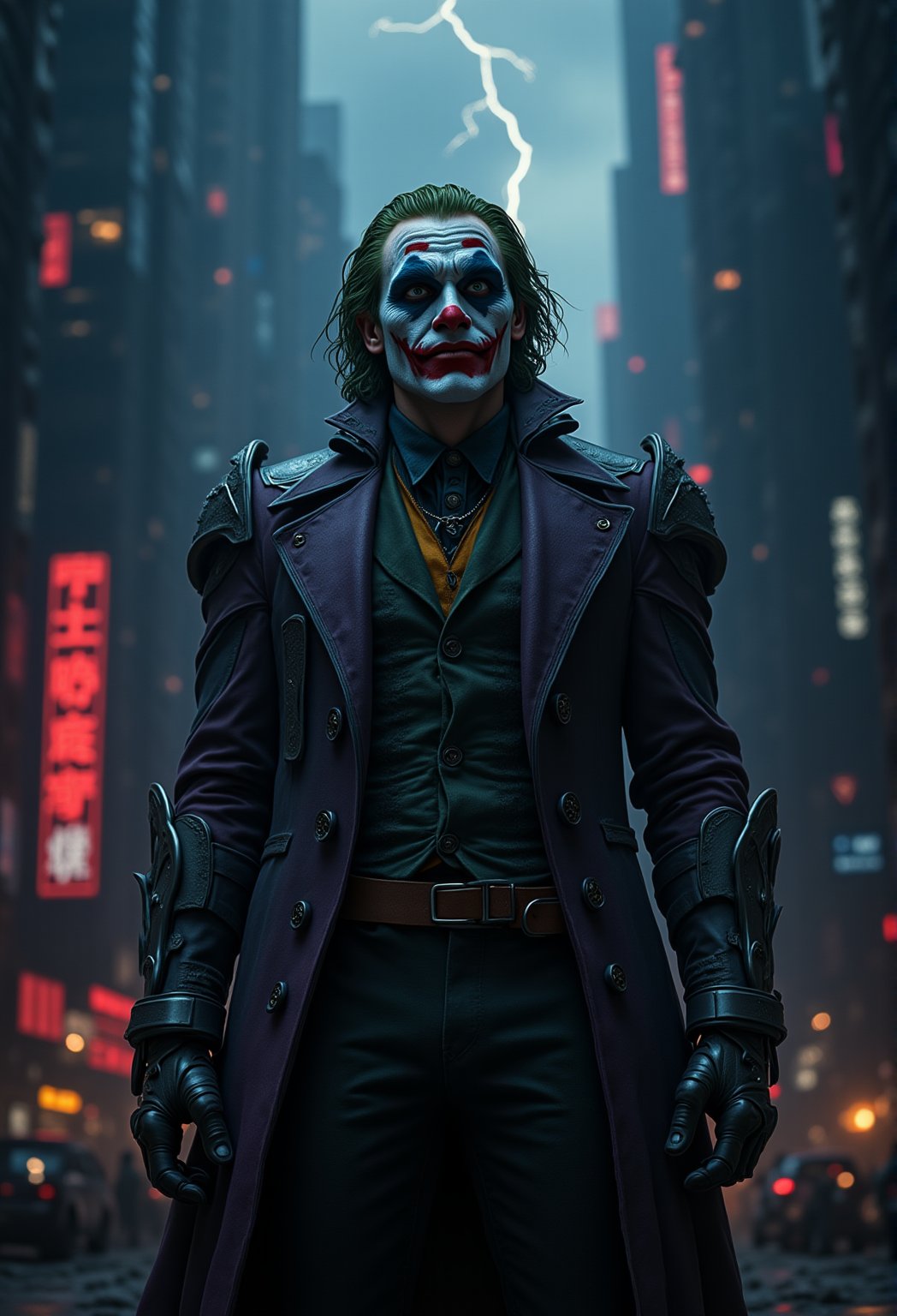 A dystopian metropolis shrouded in neon-lit darkness, the Joker emerges as a menacing figure, encased in a sleek, high-tech armor suit that accentuates his unhinged demeanor. He stands tall, arms akimbo, surveying the cyberpunk cityscape with an air of malevolent superiority. Flickering lightning illuminates the darkened atmosphere, casting an eerie glow on the Joker's maniacal grin.