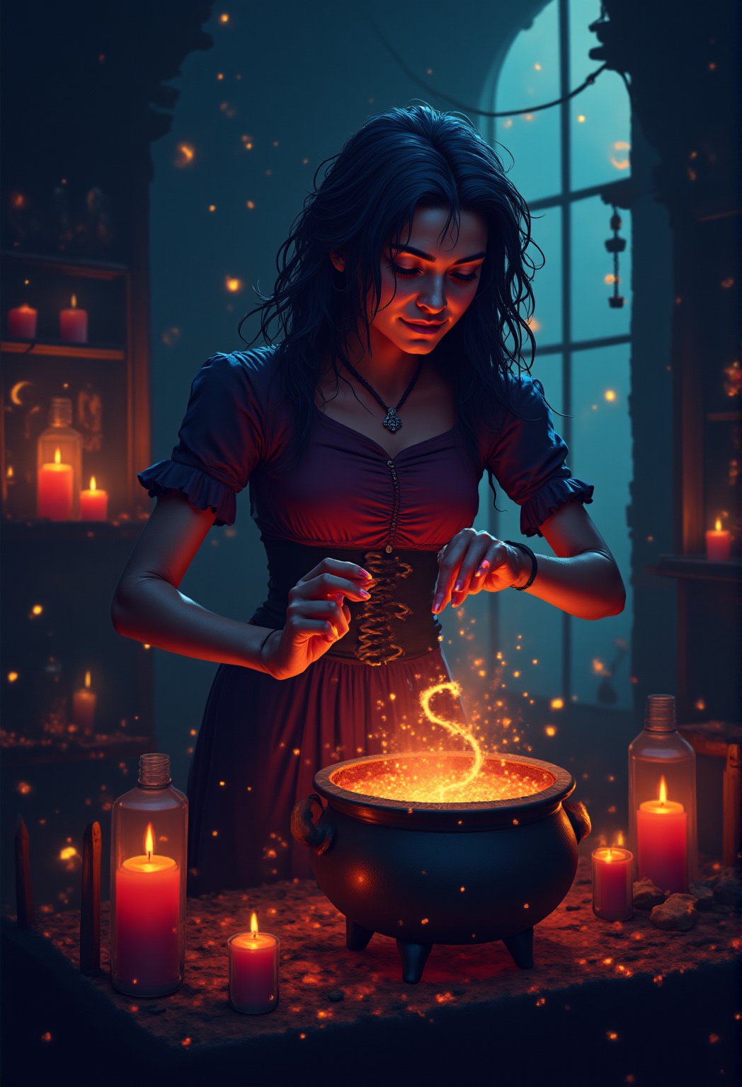 A mystical sorceress, her raven tresses tangled with glittering starlight and crescent moon fragments, bends over an ancient cauldron as steam swirls around her. A delicate crystal orb suspended above the bubbling brew casts an ethereal glow on her enigmatic face, illuminated by flickering candlelight within a dimly lit apothecary.cartoonish 3D painting