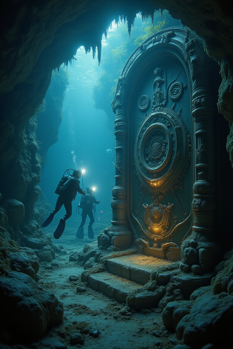 Extreme close-up view of scuba divers exploring hidden underwater caves. The crystal clear water reveals intricate details: glowing fish swim alongside submerged statues with carved symbols. Flashlights illuminate the divers' faces as they approach a massive, ancient door covered in barnacles and centuries-old seaweed. Soft blue-green light from their equipment casts an eerie glow on the rusty metal, emphasizing the mysterious discovery.