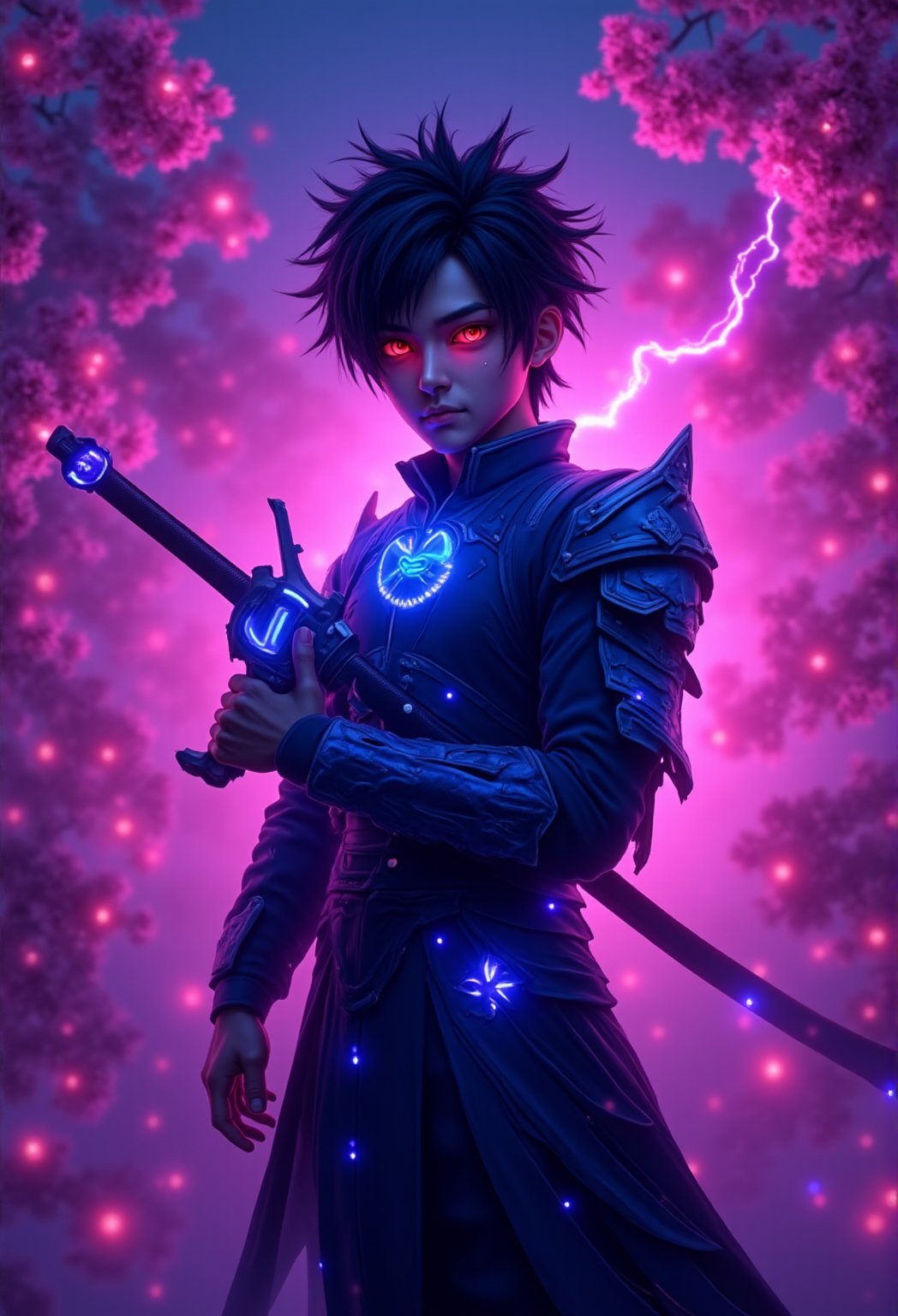 In this breathtaking photograph, a majestic young man with striking red eyes and spiky black hair stands confidently amidst a whimsical atmosphere. He dons glowing blue and purple armor, its delicate plates glistening in the twilight. neon Cherry blossoms gently float down from above, blending seamlessly with the foggy backdrop. His face, illuminated by studio lighting, turns towards the viewer, radiating an air of mystery. Holding his sword with electrical arcing, he exudes elegance and power. The overall effect is a photorealistic masterpiece that transports us to a fantastical realm.Anime 3D CGI-ABM,FluxBoost