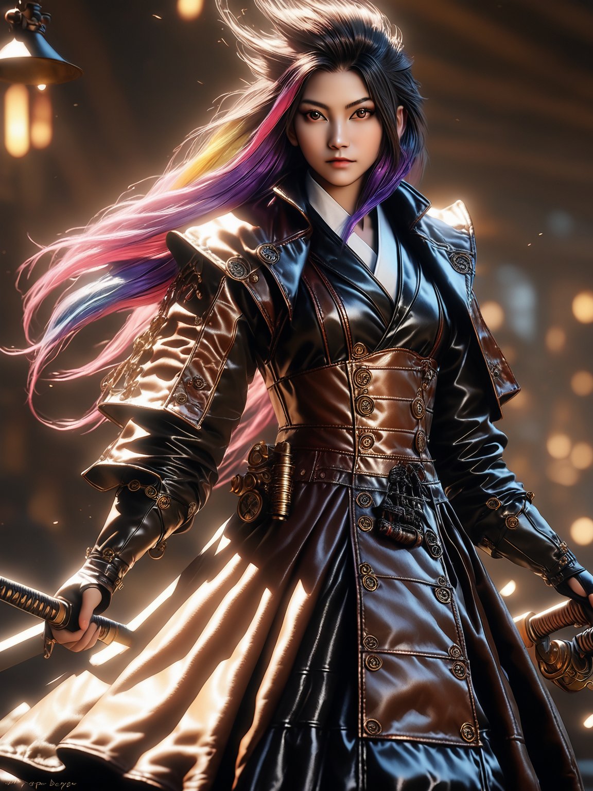 Very beautiful steampunk lady, (((with multicolors hair))) long hair, steampunk outfit and weapon, hyperrealism, photorealistic, 8k, unreal engine,BcyPgA,samurai