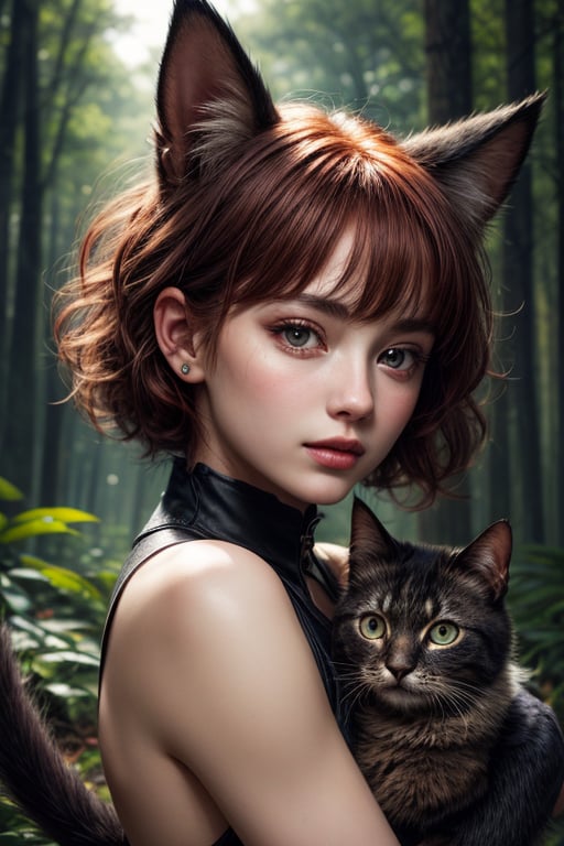 best quality, detailed face, full figure, a half-hybrid girl holding a cat, she has ears like a cat and a tail like a cat, the rest of her body is human, she has beautiful red hair, a beautiful symmetrical face with an innocent cut, she is in the forest, she has beautiful black eyes, she is with other animals, glowing particle,
symmetrical, vibrant, style artwork, highly detailed CG, 8k wallpaper, beautiful face, full scene, full body shape, high_res, closed up,