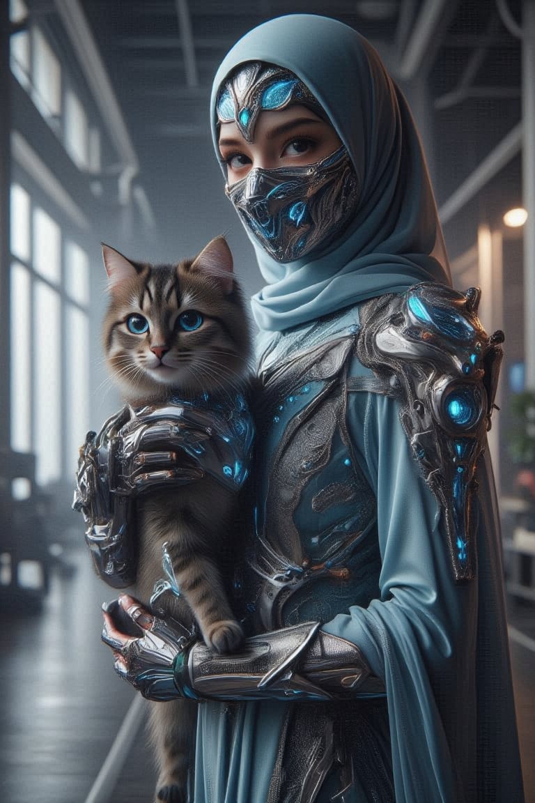 Close-up shot of a futuristic hijabi woman standing confidently in a sleek, high-tech environment. Her half-body view reveals a stunning cyan-colored jubah suit adorned with metallic gunmetal armor plates, encasing her torso. A mouth mask and protector headband complement the outfit, exuding a sense of resilience. In her hand, she cradles a black and grey cybernetic cat, its glowing blue eyes seeming to pulse in sync with her determination.