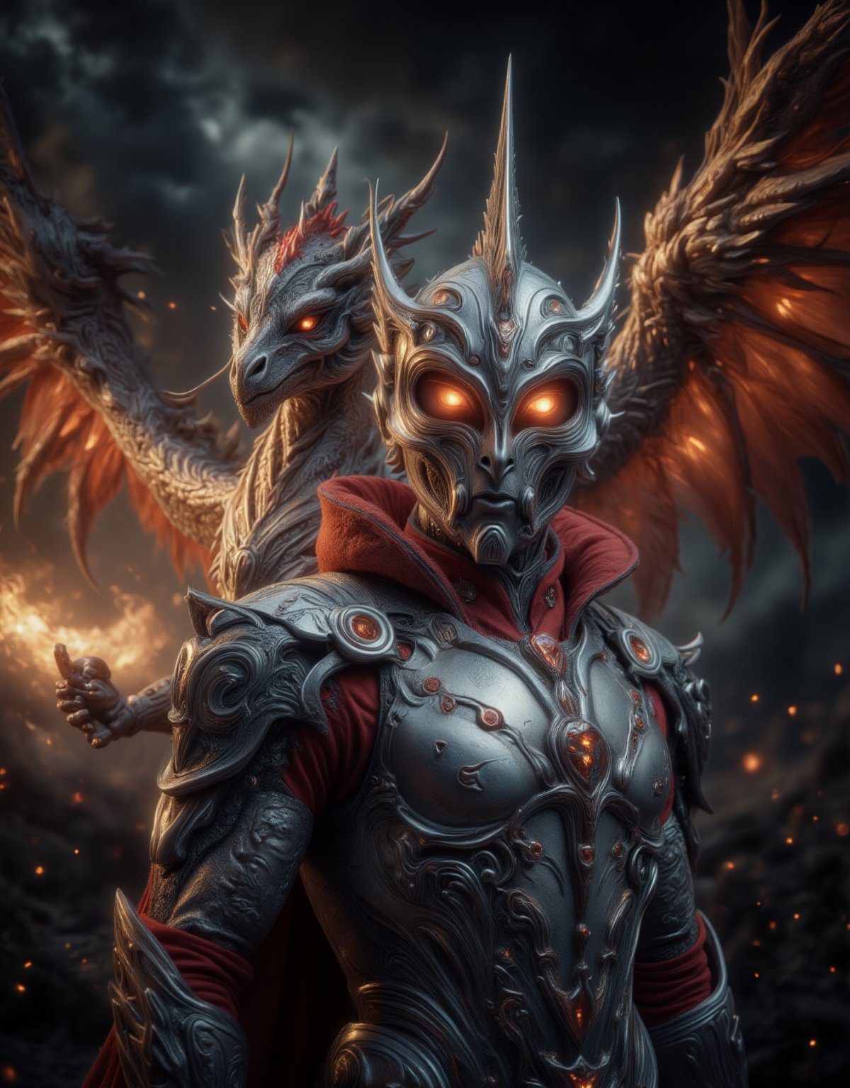 A majestic armoured knight stands vigilantly, adorned in gleaming steel and crimson trim, as a mighty guardian dragon rises behind him. The knight's gaze is fixed on the horizon, his hand grasping a sword hilt, while the dragon's wings spread wide, illuminating the darkening sky with fiery hues. The foreground showcases the knight's imposing figure, set against a dramatic background of clouds and flames.,FluxBoost,The Guardian DRagon,Fantasy detailers,Midjourney_Whisper,Fantasy detailers 