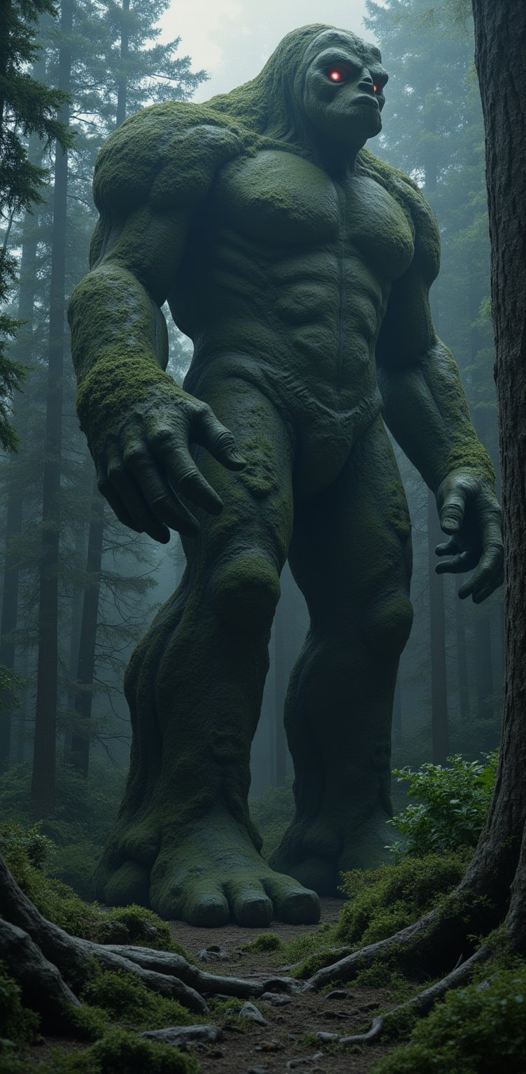 A Forest of Stone Giants, Motionless Yet Alive: Enormous stone giants stand frozen in a dense forest, moss and vines creeping over their cracked forms. Their eyes glow faintly as if waiting for the right moment to awaken.