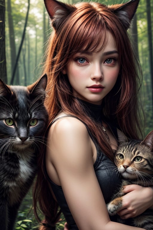 best quality, detailed face, full figure, a half-hybrid girl holding a cat, she has ears like a cat and a tail like a cat, the rest of her body is human, she has beautiful red hair, a beautiful symmetrical face with an innocent cut, she is in the forest, she has beautiful black eyes, she is with other animals, glowing particle,
symmetrical, vibrant, style artwork, highly detailed CG, 8k wallpaper, beautiful face, full scene, full body shape, high_res,