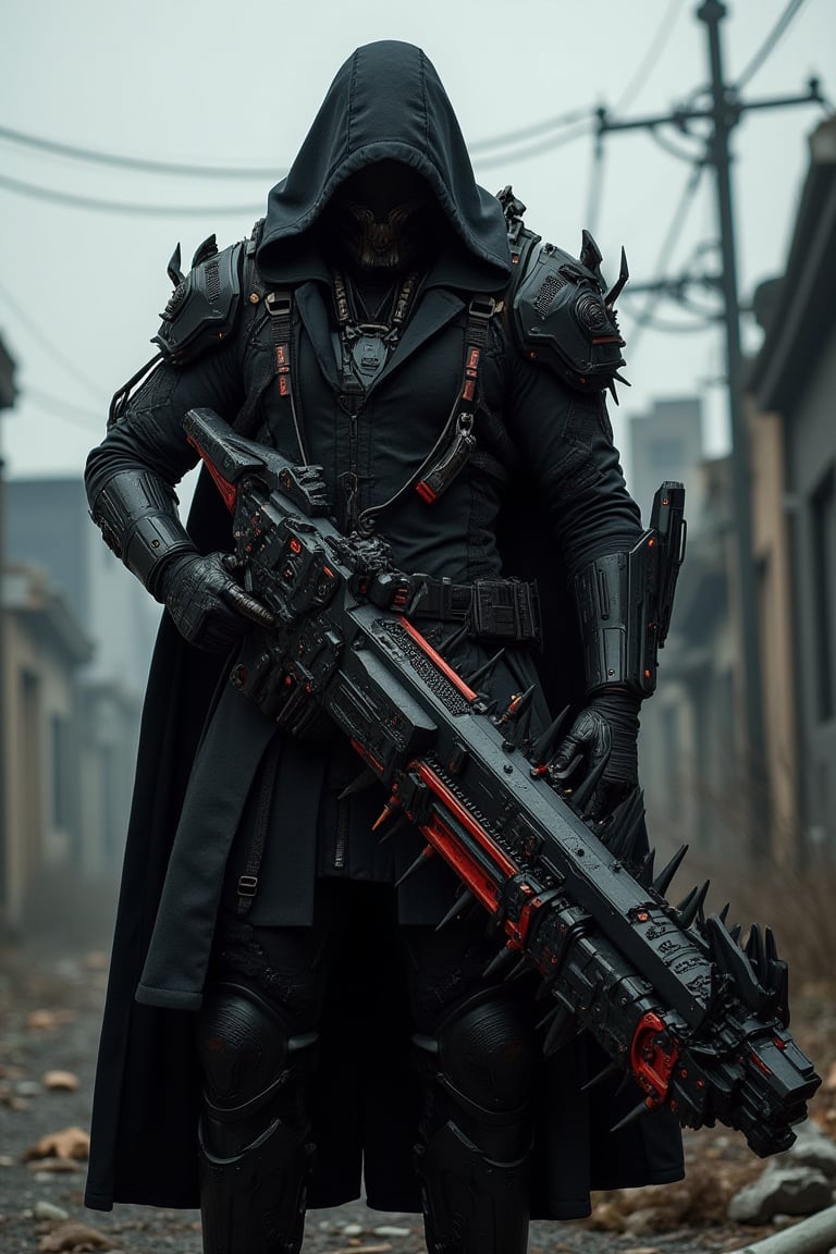 A dark, imposing figure clad in a black, hooded cloak stands in a oddly dystopian urban environment, (((wielding an great enormous, highly detailed massive badas high-tech odd mechanical chainsaw-like sword gun))) with red accents (((covered in intricate mechanical parts, gears, and spikes, giving it a menacing appearance))). (((The figure's face is obscured by the hood))), adding to the mysterious and intimidating presence. The background features dilapidated buildings and power lines, under a gray, overcast sky, enhancing the bleak and industrial atmosphere of the scene. The overall image exudes a sense of power, danger, and post-apocalyptic readiness. ultra-realistic, ultra-detailed,