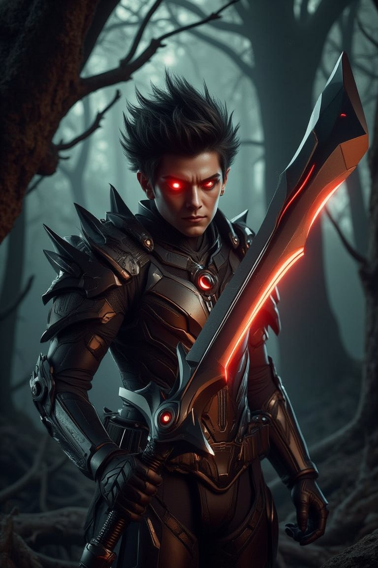 In a dimly lit, mystical forest, a fierce boy warrior with spiky black hair dons gleaming armor and ((wield a huge brandishes shiny silver sword)), his eyes blazing with an otherworldly glow. Red orbs of intensity pierce through the darkness, as if fueled by an inner fire. The air is charged with malevolent energy, hinting at the monster's lurking presence, ready to strike. Use the rule of thirds to balance the composition, ensuring sharp focus and HDR rendering for an ultra-realistic image with remarkable color and attention to detail, ,deep depth of field, wide full_body view, low-angle shot, dynamic pose, F-GVA Armour Suit, dagger