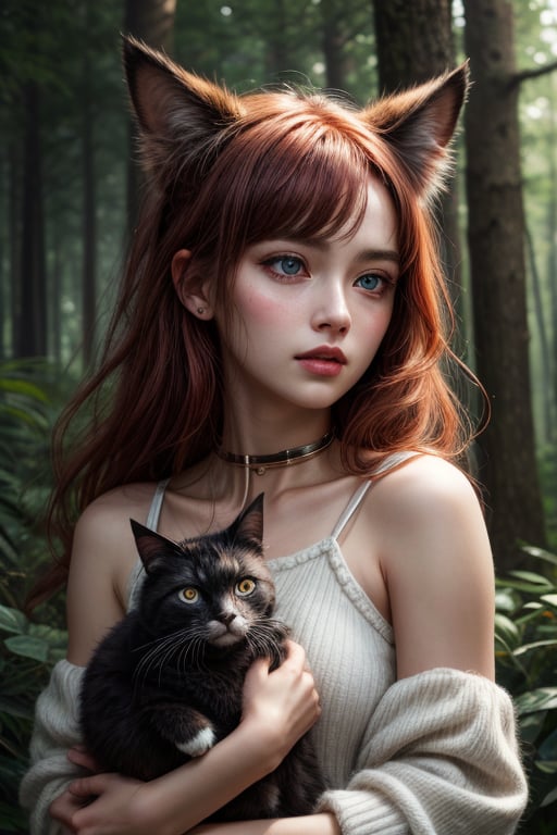 best quality, detailed face, full figure, a half-hybrid girl holding a cat, she has ears like a cat and a tail like a cat, the rest of her body is human, she has beautiful red hair, a beautiful symmetrical face with an innocent cut, she is in the forest, she has beautiful black eyes, she is with other animals, glowing particle,
symmetrical, vibrant, style artwork, highly detailed CG, 8k wallpaper, beautiful face, full scene, full body shape, high_res,