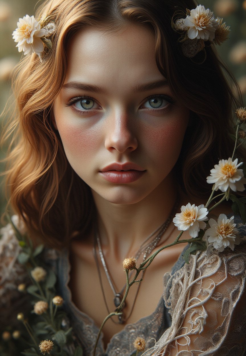 A stunning young woman with porcelain skin and luscious locks gazes directly into the camera lens, her piercing eyes sparkling with an air of mystery. She sits amidst a lush tapestry of ancient flowers in full bloom, their delicate petals unfolding like tiny works of art. The close-up view frames her face, illuminating every feature with soft, golden light that casts no shadows, as if the sun itself has paused to admire her beauty.