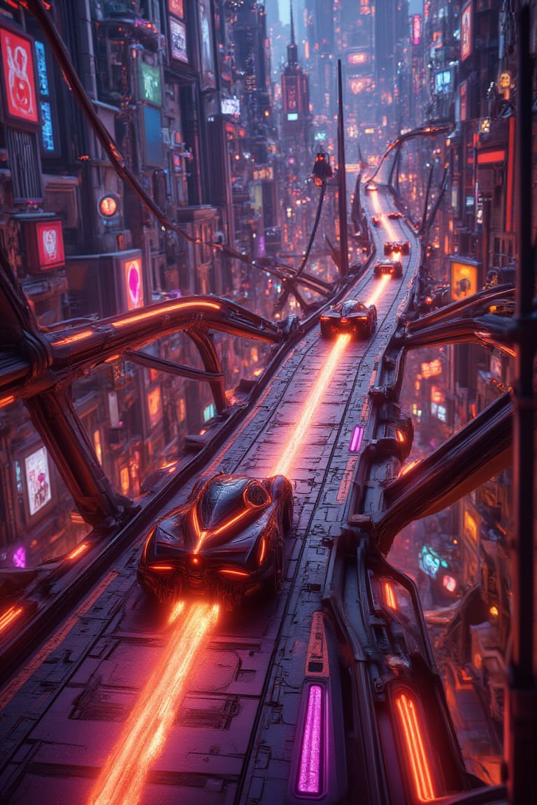 Aerial view of 'Neo-Speed' futuristic racetrack, suspended 500 feet above the gleaming metropolis. Vibrant, neon-lit cityscape stretches out in every direction, with towering skyscrapers and bustling streets. Sleek, high-tech vehicles zoom by at incredible velocities, their gleaming bodies reflecting off the urban landscape. City lights dance below, casting a mesmerizing glow on the track's translucent surface. Vehicles' afterburners leave trails of fiery sparks as they hurtle through turns and straightaways, surrounded by holographic advertisements flashing in sync with the pulsating city lights.