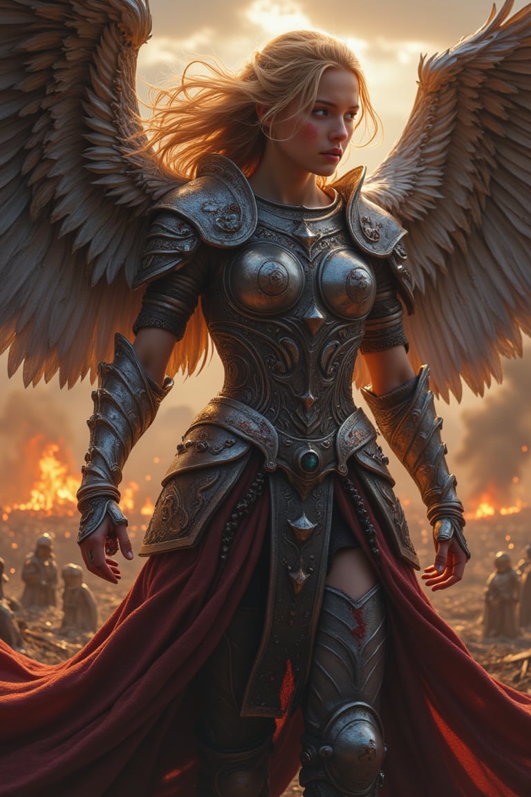 A warrior Valkyrie, her silver armor gleaming under the fading sun, rises from the battlefield. Her wings spread wide, catching the last rays of light, casting a radiant glow. Every feather detailed with precision, bloodstains from battle flecking her armor. The landscape behind her is a burning village, with smoke billowing into the air, blending into the twilight sky.