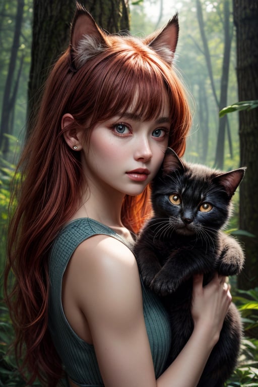 best quality, detailed face, full figure, a half-hybrid girl holding a cat, she has ears like a cat and a tail like a cat, the rest of her body is human, she has beautiful red hair, a beautiful symmetrical face with an innocent cut, she is in the forest, she has beautiful black eyes, she is with other animals, glowing particle,
symmetrical, vibrant, style artwork, highly detailed CG, 8k wallpaper, beautiful face, full scene, full body shape, high_res, closed up,