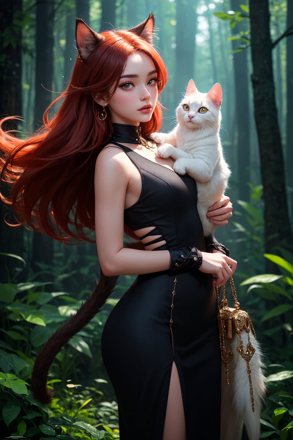 best quality, detailed face, full figure, a half-hybrid girl with a cat, she has ears like a cat and a tail like a cat, the rest of her body is human, she has beautiful red hair, a beautiful symmetrical face with an innocent cut, she is in the forest, she has beautiful black eyes, wearing a elegant black long dress, she is with other animals, glowing particle,
symmetrical, vibrant, style artwork, highly detailed CG, 8k wallpaper, beautiful face, full scene, full body shape