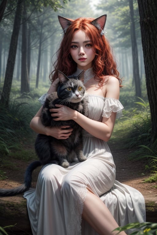 best quality, detailed face, full figure, a half-hybrid girl holding a cat, she has ears like a cat and a tail like a cat, the rest of her body is human, she has beautiful red hair, a beautiful symmetrical face with an innocent cut, she is in the forest, she has beautiful black eyes, she is with other animals, glowing particle,
symmetrical, vibrant, style artwork, highly detailed CG, 8k wallpaper, beautiful face, full scene, full body shape, high_res, blue and white dress,