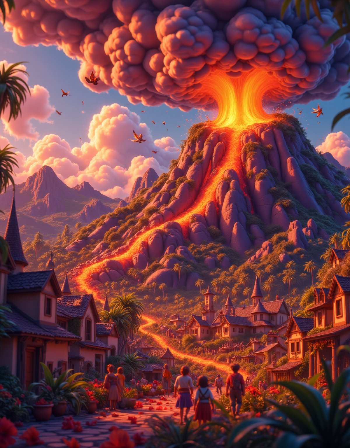 A whimsical cartoon art style illustration depicts a tiny village nestled at the foot of a colossal volcano. As the mountain erupts, lava and ash burst forth into the air, engulfing everything in its fiery path. Villagers frantically flee as the ground trembles violently. The camera zooms in on the molten rock's descent down the mountainside, consuming all in its fiery wake. In the distance, a massive ash cloud darkens the sky, while villagers' screams echo through the chaos.