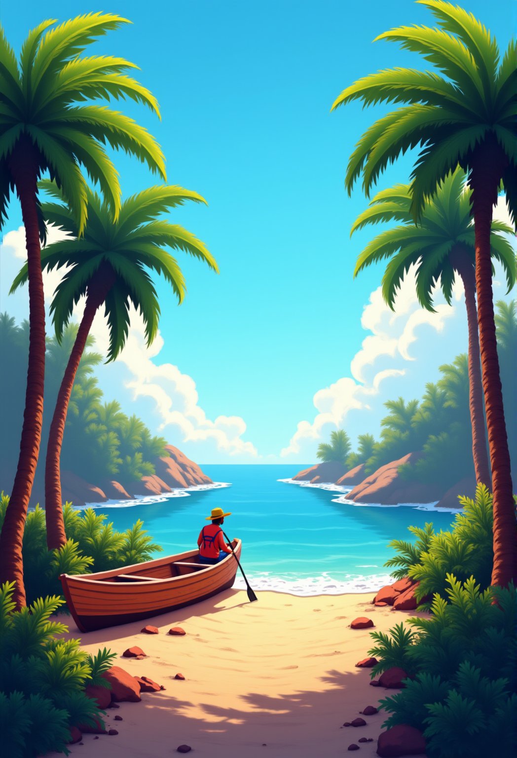 A tropical island beach, surround by palm trees, a fisherman boat abord beside a beach. cartoonish 3D painting