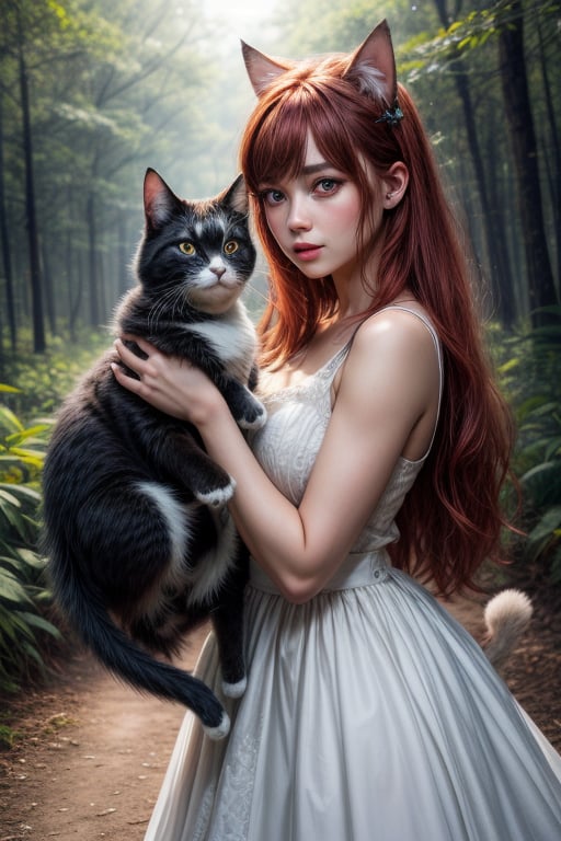 best quality, detailed face, full figure, a half-hybrid girl holding a cat, she has ears like a cat and a tail like a cat, the rest of her body is human, she has beautiful red hair, a beautiful symmetrical face with an innocent cut, she is in the forest, she has beautiful black eyes, she is with other animals, glowing particle,
symmetrical, vibrant, style artwork, highly detailed CG, 8k wallpaper, beautiful face, full scene, full body shape, high_res, blue and white dress,