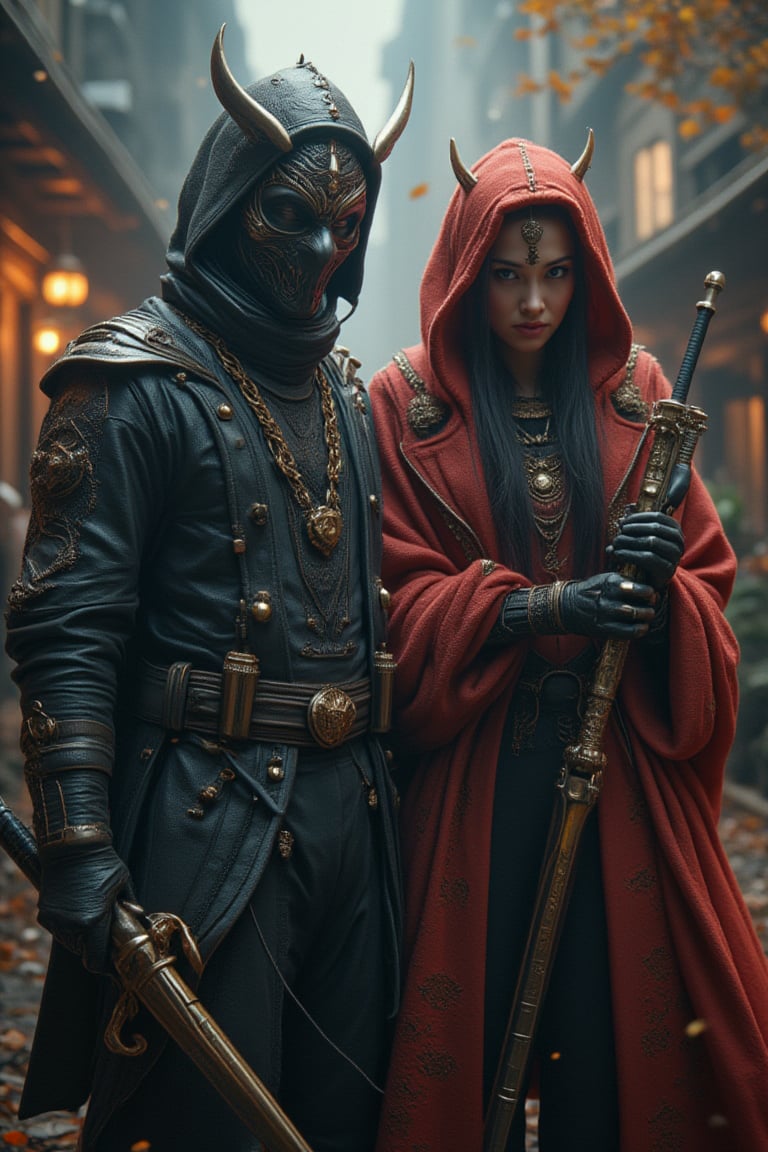 Ultra-detailed CG illustration of a full body picture, a ultimate ninja king mafia, wearing oni mask, jacket with dragon ornamant, holding a golden machine gun, and ninja queen mafia holding a umbrella , mafia pose, autumn leaf drop to the ground at the midnight, smokey from the building, vibrant intricate, cinematic light and shadow, cinematic lens, fantastical, highly detailed, hyper realistic, with dramatic polarizing filter, sharp focus, HDR, UHD, 64K,
10xRFBoost,Crystal Sword