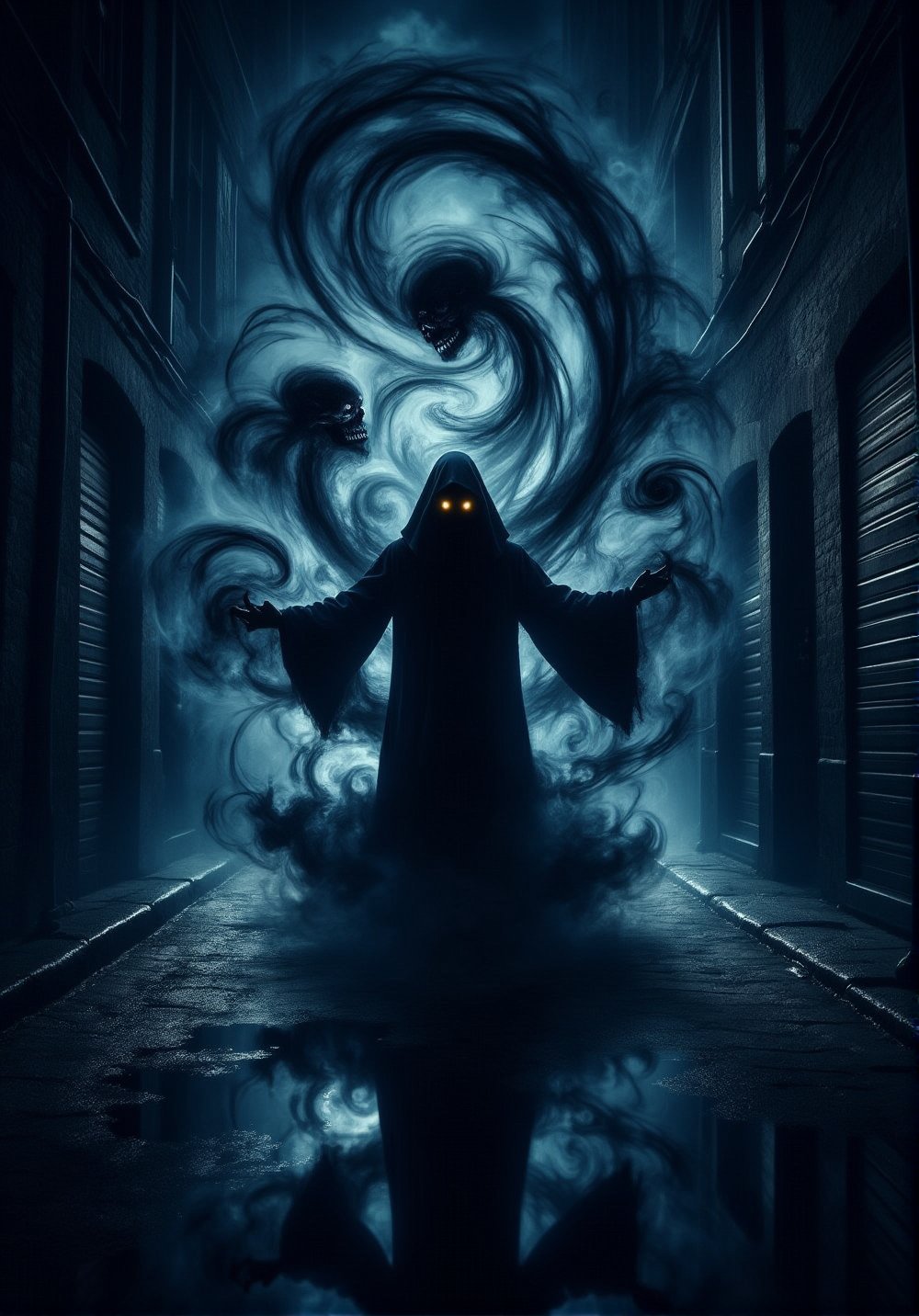 A dark alleyway at midnight, a lone figure shrouded in shadows, eyes aglow with an otherworldly intensity as they conjure forth a swirling vortex of darkness. The sorcerer's robes billow behind them like smoke, as if fueled by the very essence of night itself. Shadowy tendrils writhe and twist, taking form as skeletal constructs that dance at their command, while the air thickens with an aura of foreboding, as if the night itself has become a tangible entity., DarkAura