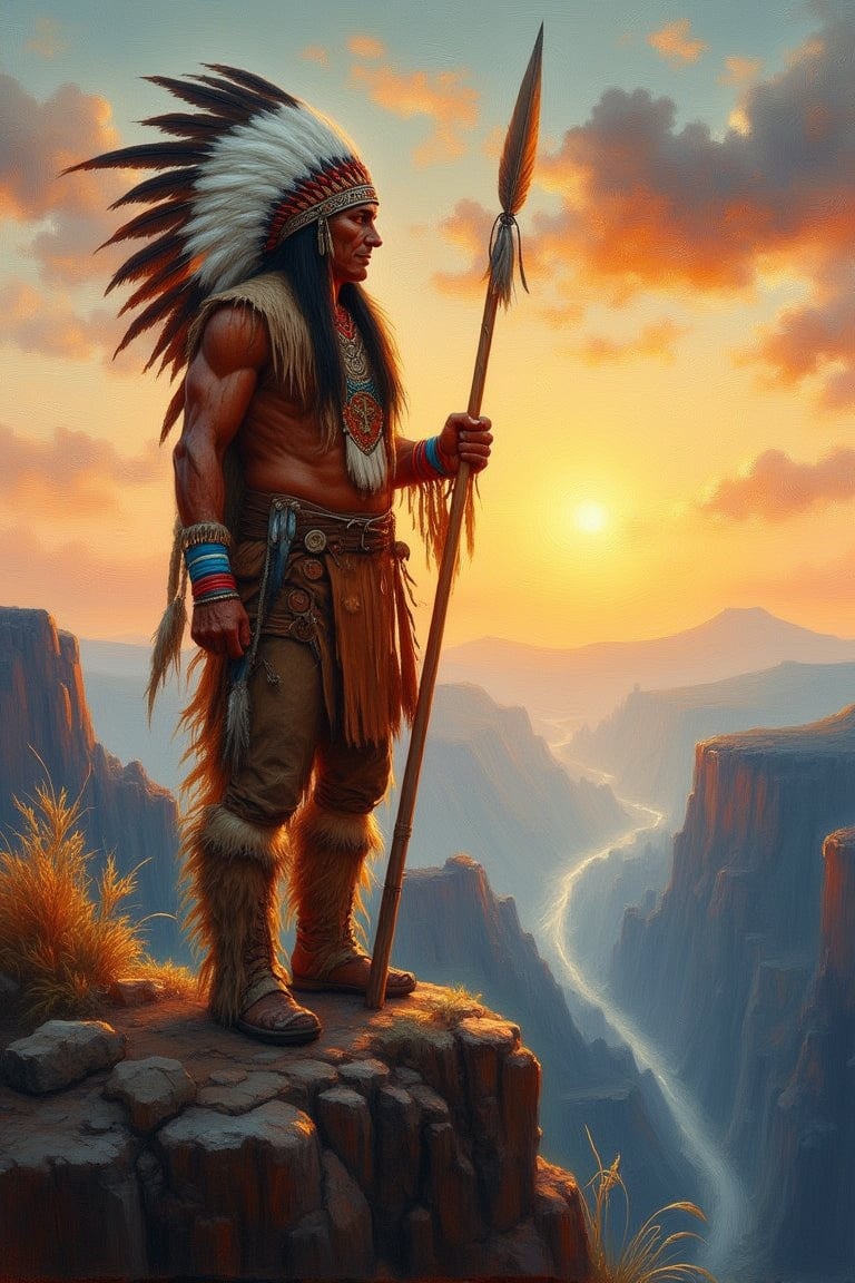 oil painting art style of a lone Native American warrior stands on a high, rugged cliff overlooking a vast, serene landscape at sunset. His powerful figure is clad in traditional attire—feathered headdress, leather vest, and ornate beadwork. He grips a tall spear, its tip gleaming faintly in the dying light. The horizon behind him glows in soft hues of amber and crimson, casting long shadows on the rocky terrain. The sky is vast, with a few scattered clouds glowing with the last rays of sunlight. His posture is strong and reflective, symbolizing resilience and connection to the land. The brushstrokes are bold yet intricate, capturing the texture of his weathered skin, the wind tousling his feathers, and the grandeur of the expansive wilderness below.,AbmoilPainting